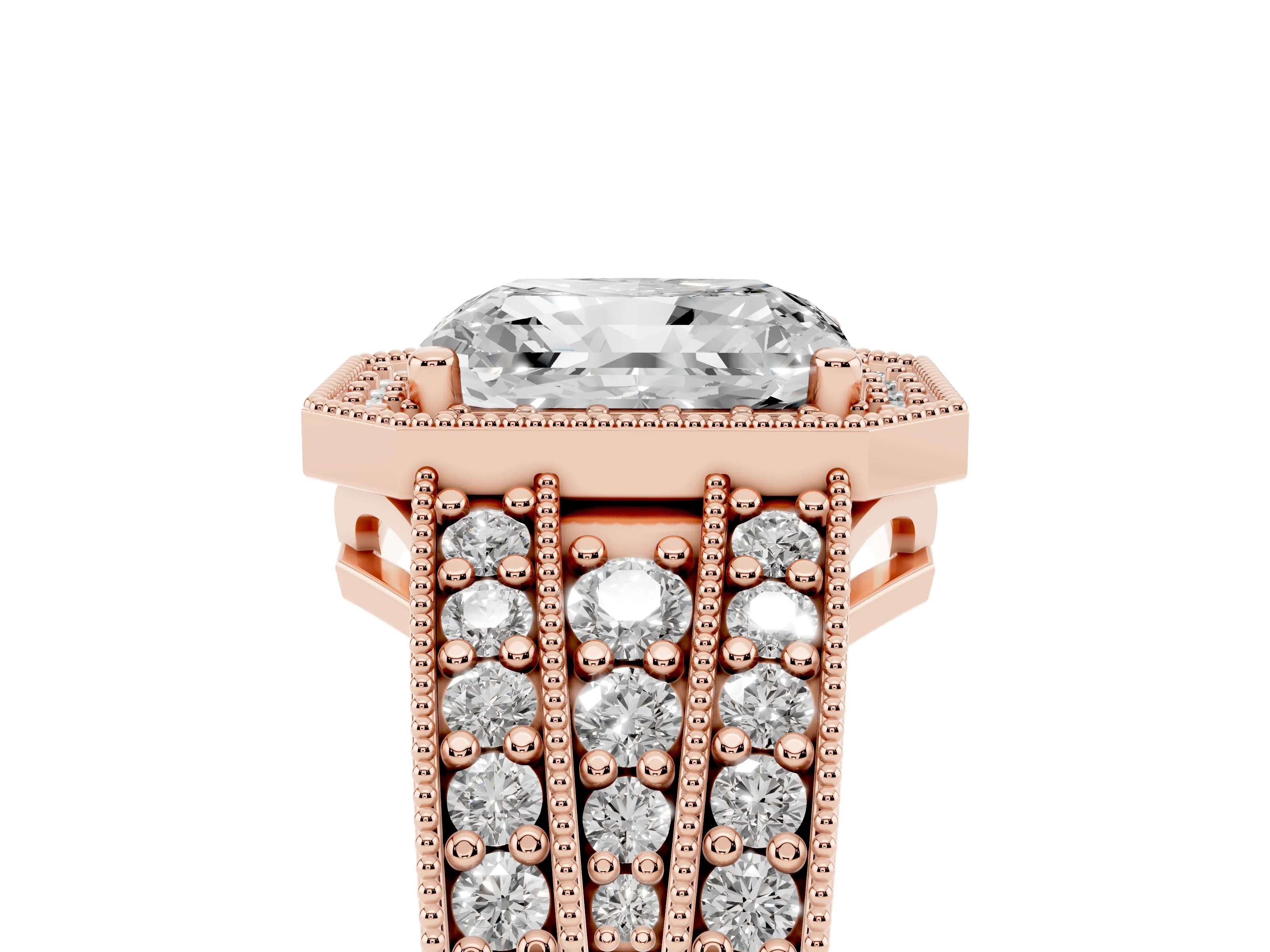 Radiant Cut Diamond Halo Ring Set in Rose gold with Accent Split Shank and Prong Setting