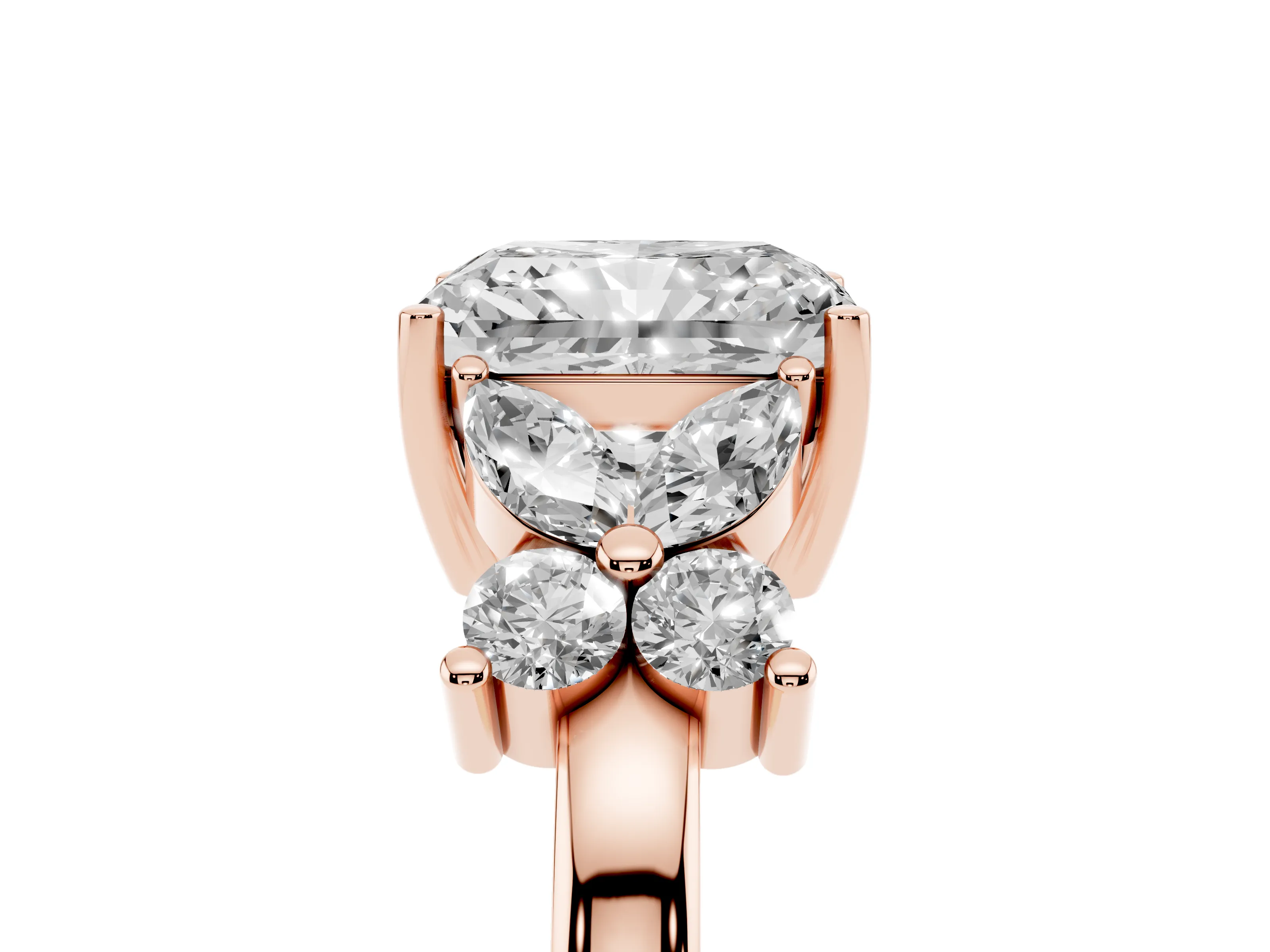 Radiant Cut Diamond Floral Cluster Ring Set in Rose gold with Marquise Petals and Prong Setting
