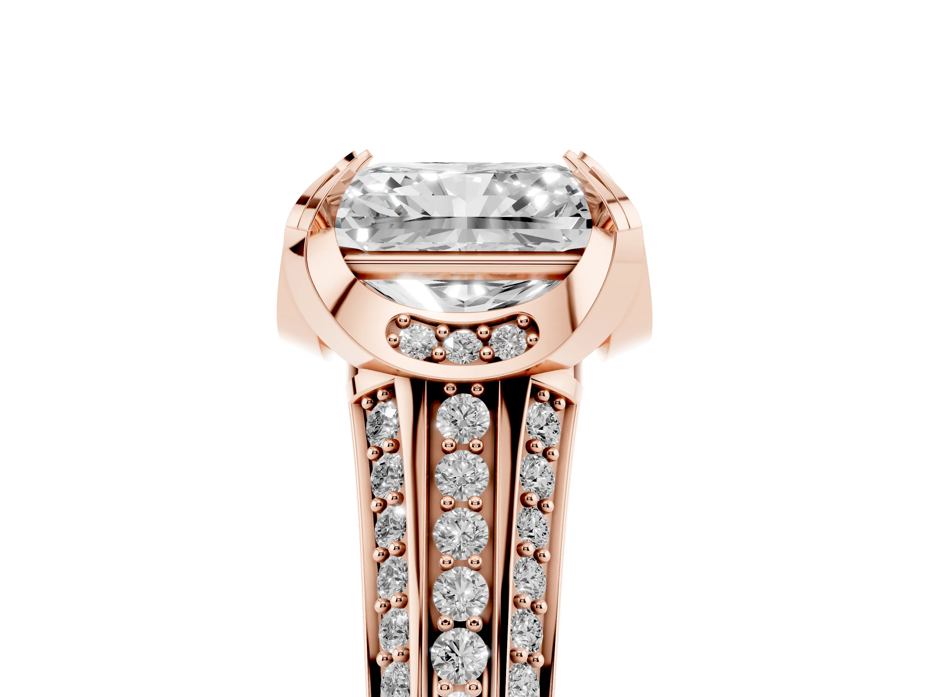 Radiant Cut Diamond Pavé Split Shank Solitaire Ring Set in Rose gold with Prong Setting