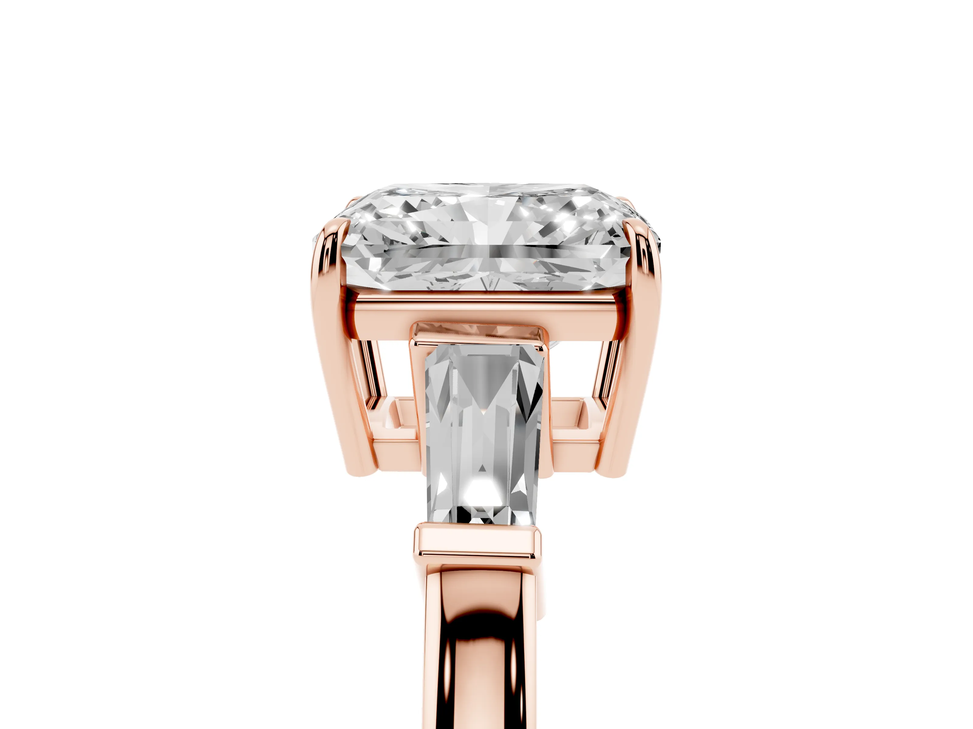 Radiant Cut Diamond Three-Stone Ring Set in Rose gold with Tapered Baguette Side Stones and Prong Setting