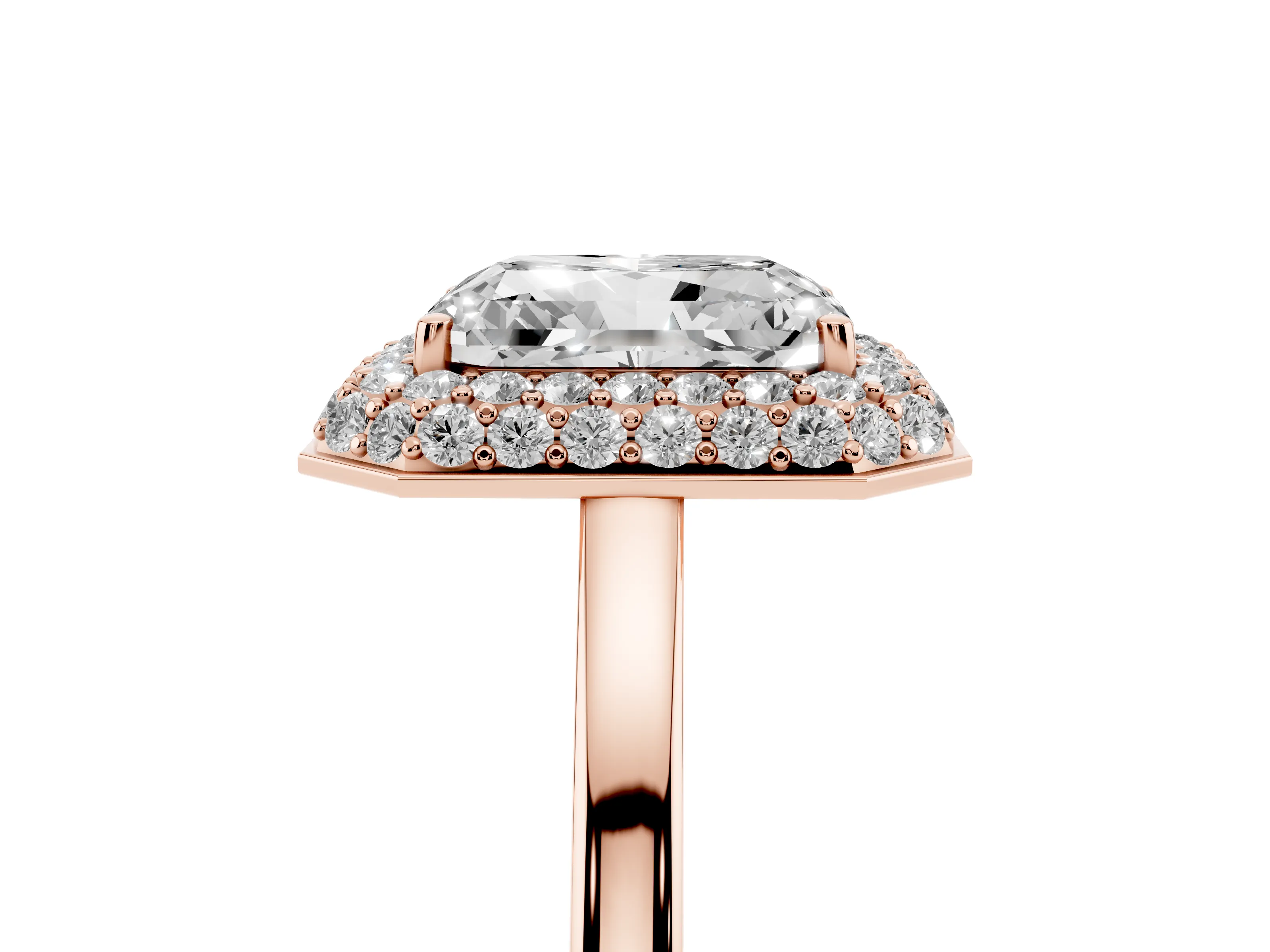 Radiant Cut Diamond Halo Engagement Ring Set in Rose gold with Solitaire Band and Prong Setting