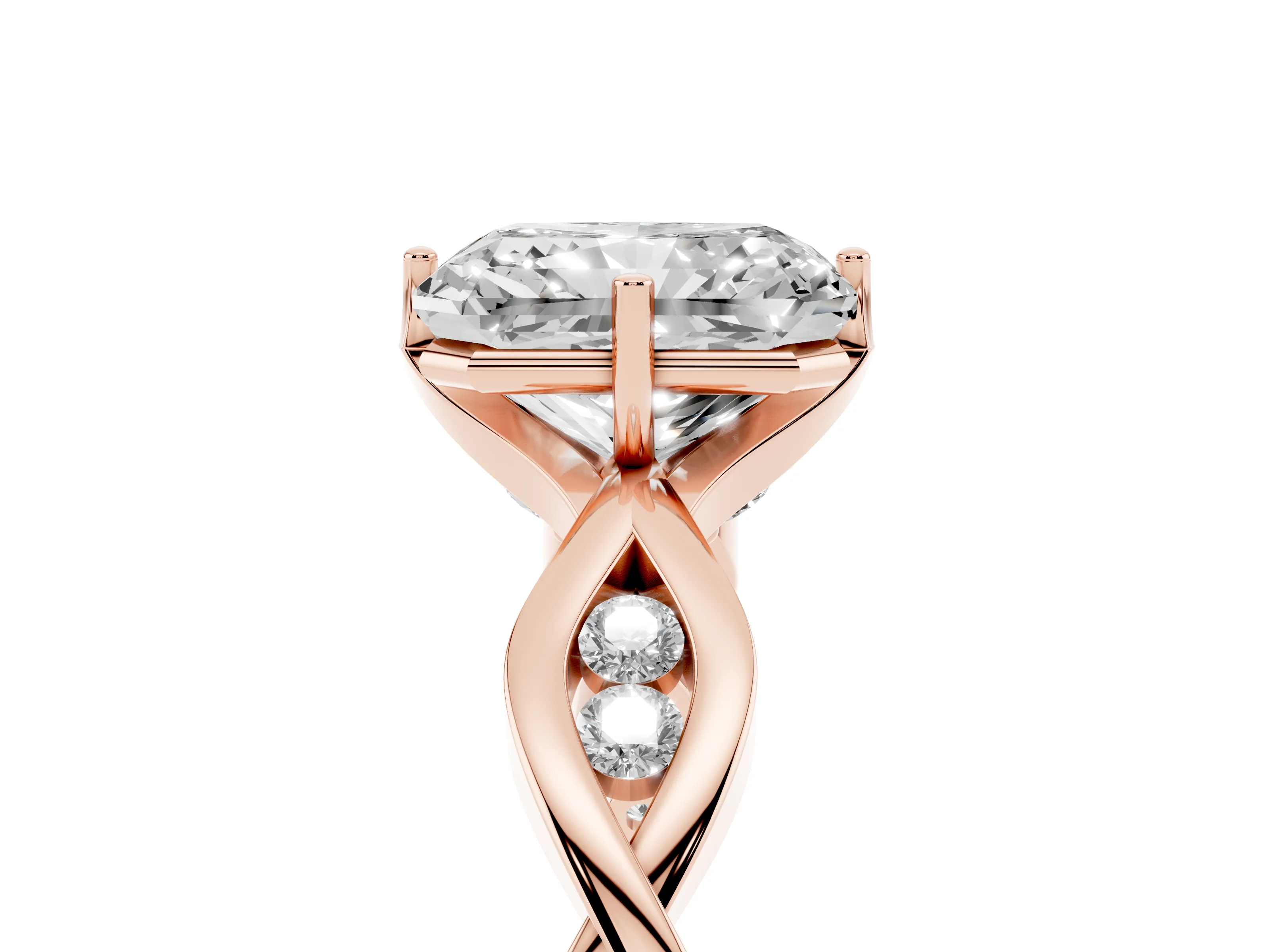 Radiant Cut Diamond Twist Band Solitaire Ring Set in Rose gold with Leaf Prong Setting and Accent Stones