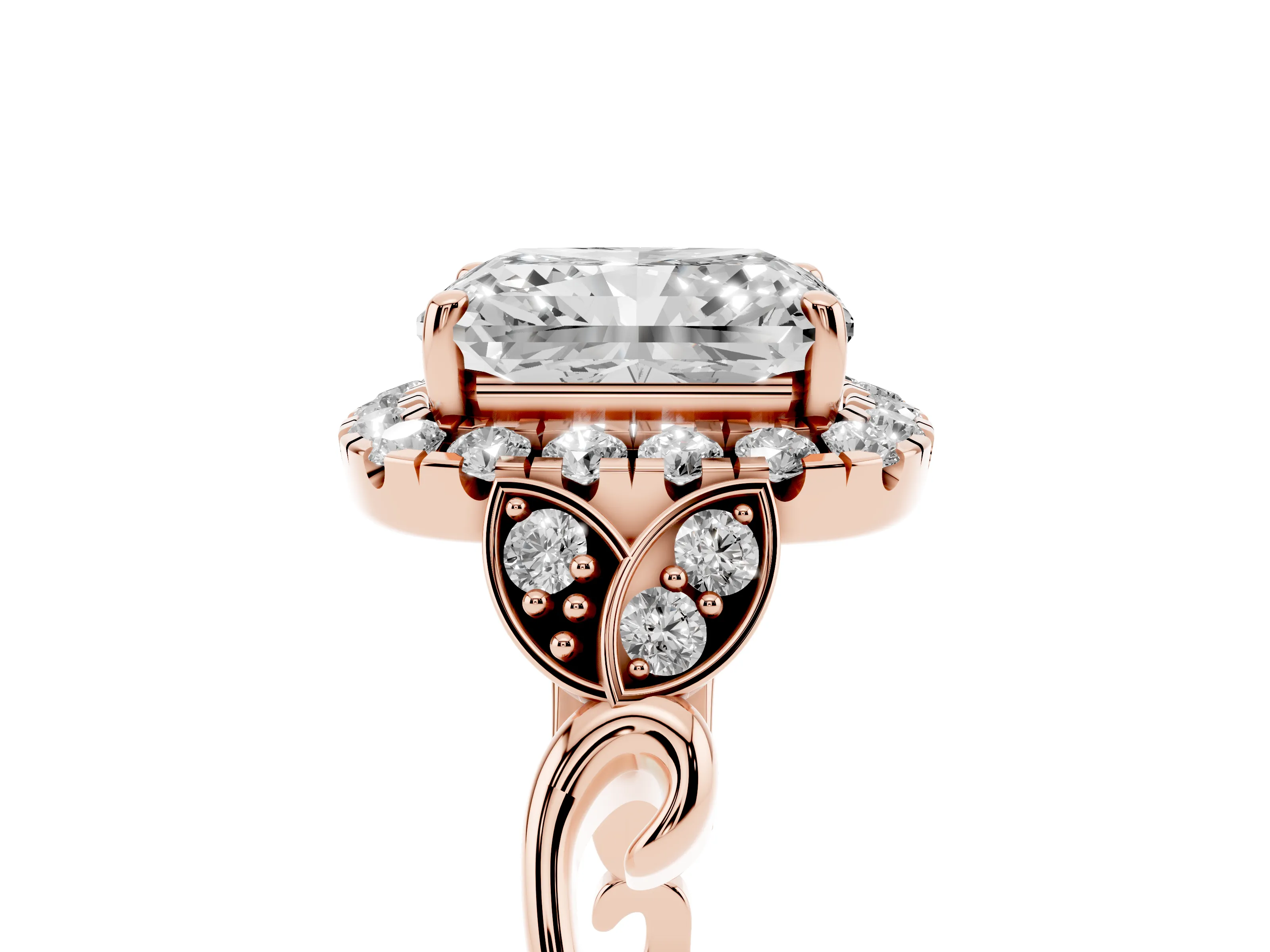 Radiant Cut Diamond Halo Engagement Ring Set in Rose gold with Vintage-Inspired Band and Prong Setting