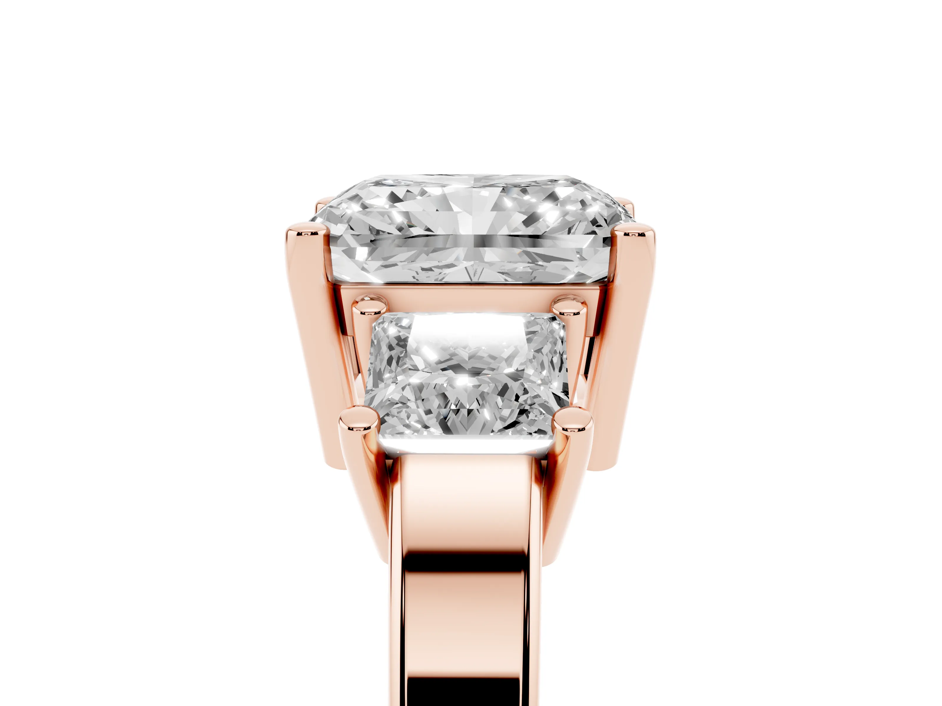 Three-Stone Radiant Cut Diamond Solitaire Ring Set in Rose gold with Prong Setting