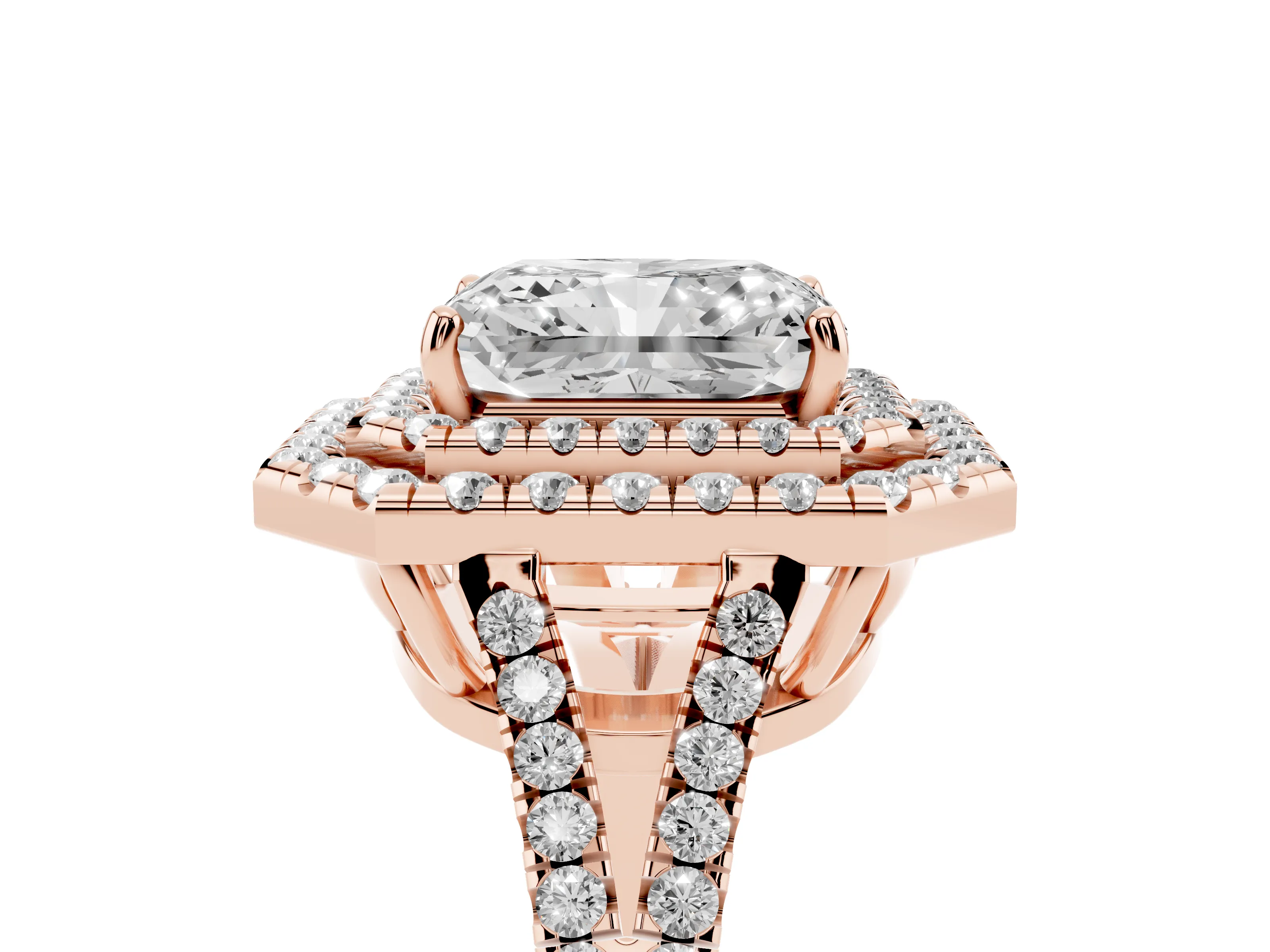 Radiant Cut Diamond Double Halo Ring Set in Rose gold with Pavé Band