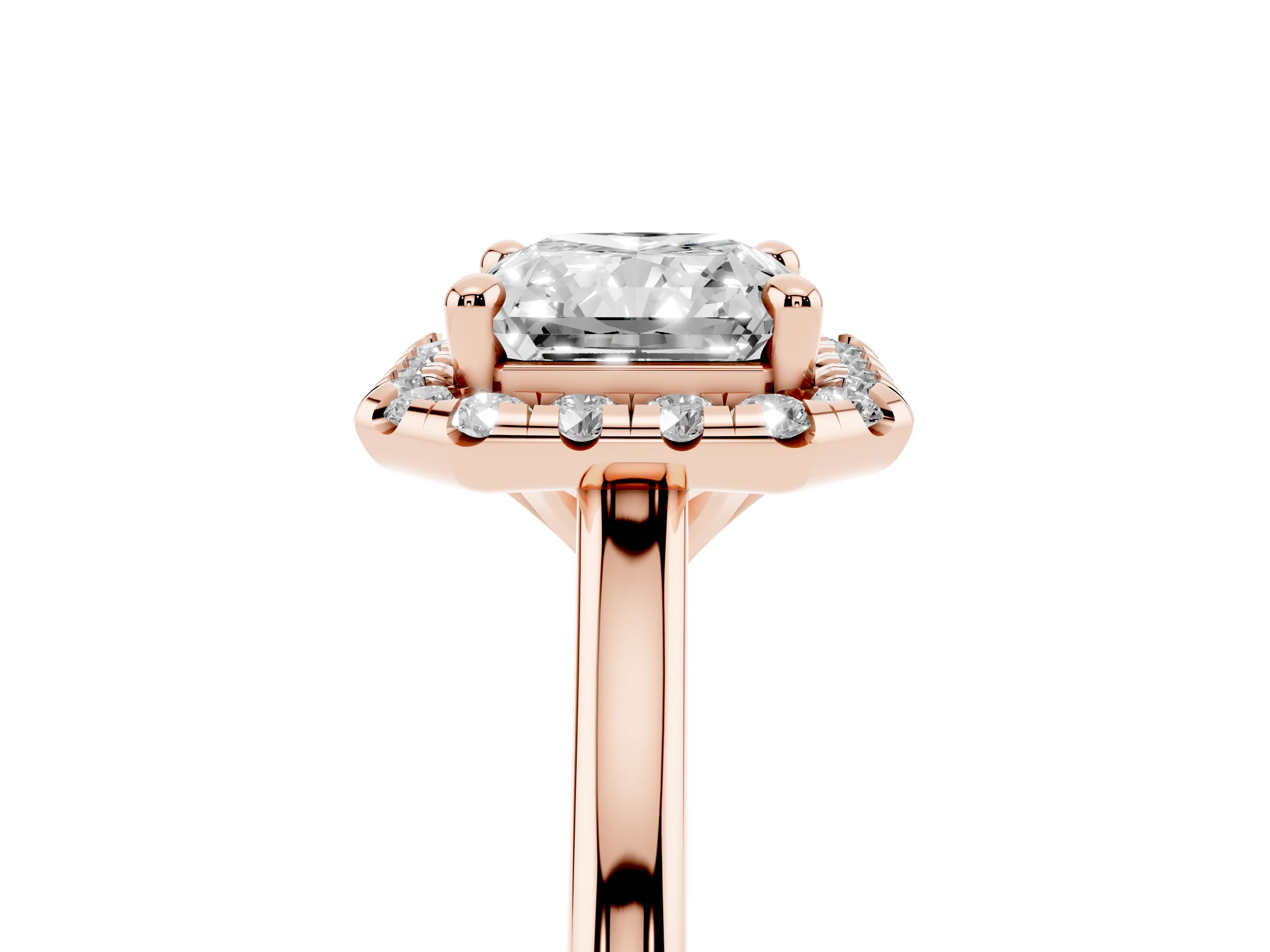 Radiant Cut Diamond Halo Engagement Ring Set in Rose gold with Pavé Band and Rising Shoulders