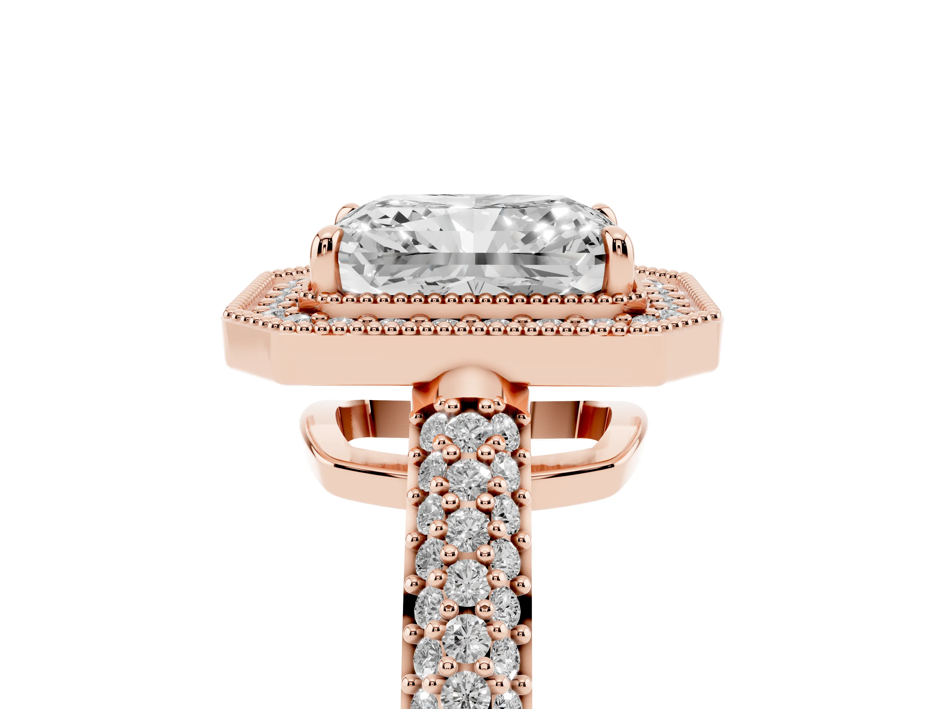 Radiant Cut Diamond Halo Pavé Band Set in Rose gold with Prong Setting