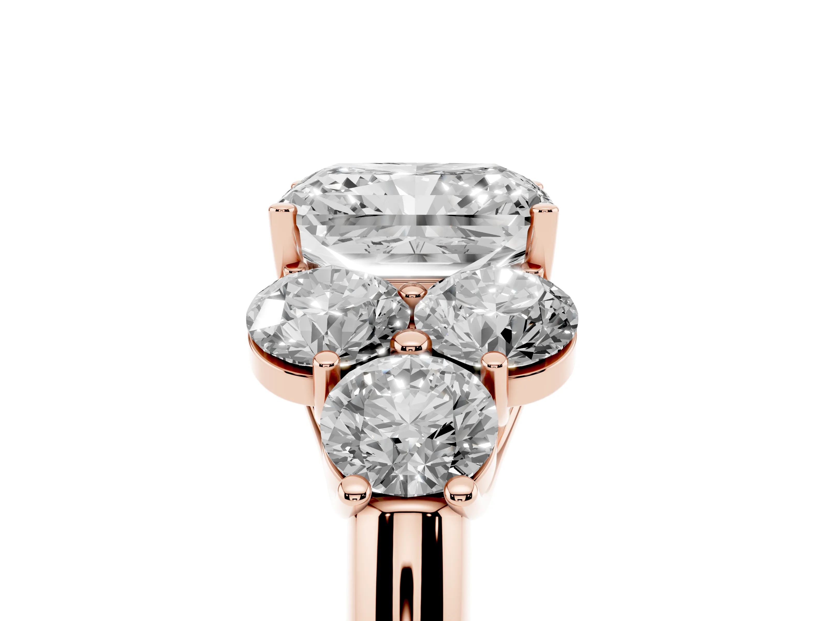 Radiant Cut Diamond Cluster Ring Set in Rose gold with Round Accent Stones and Prong Setting on a Plain Band