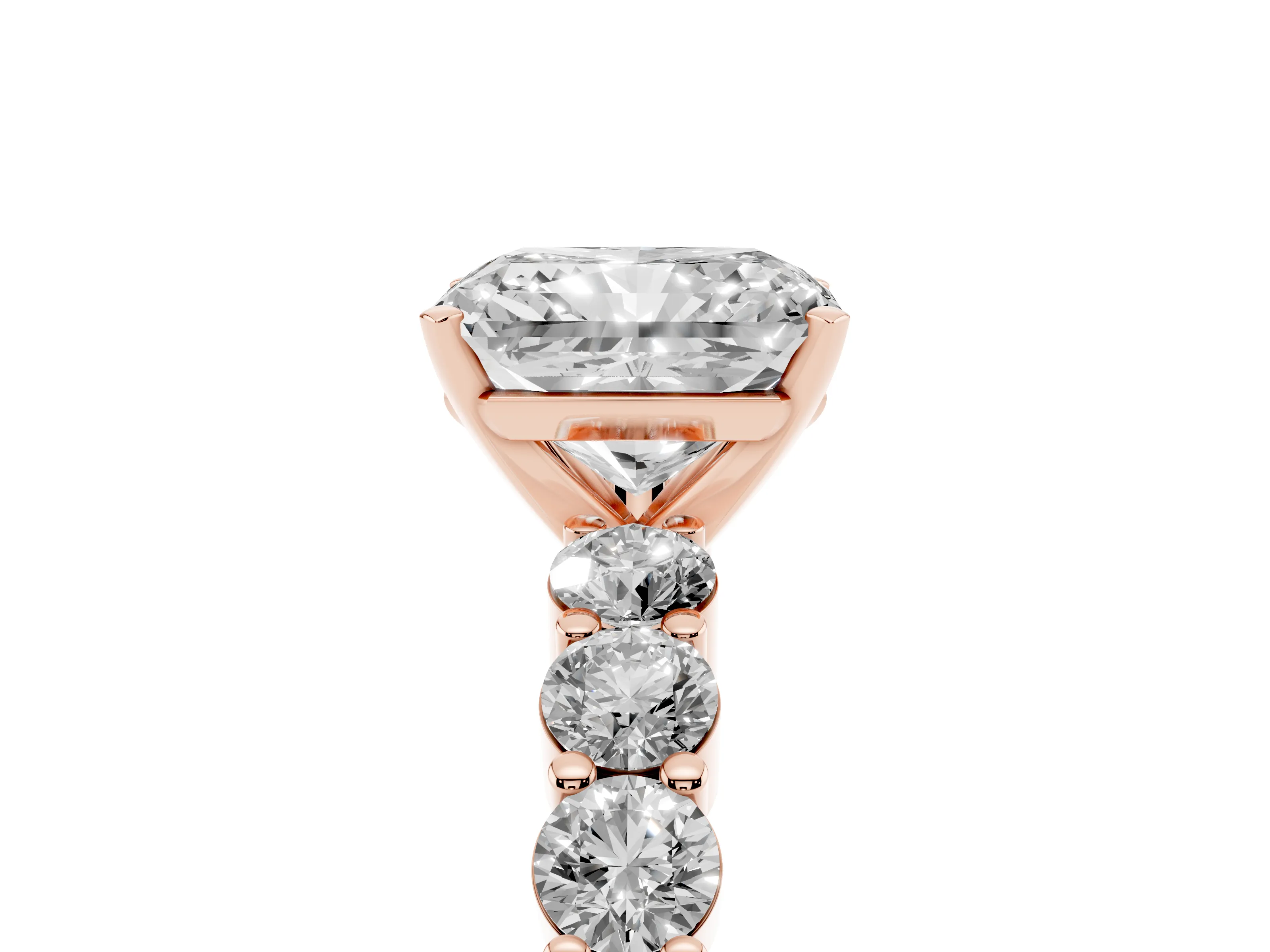Radiant Cut Diamond Solitaire Ring Set in Rose gold with Shared Prong Round Side Stones