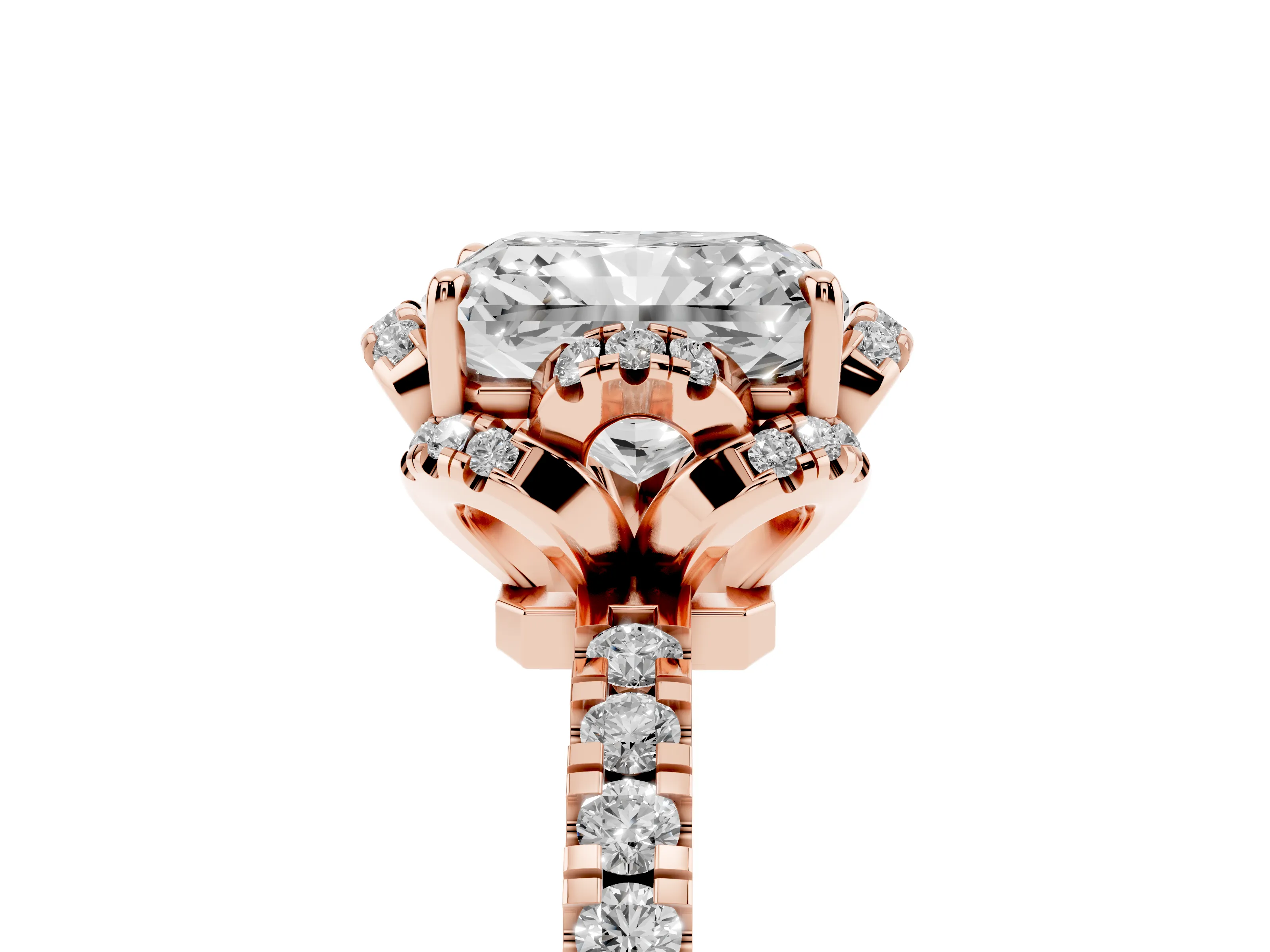 Radiant Cut Diamond Halo Pavé Band Ring Set in Rose gold with Prong-Held Center