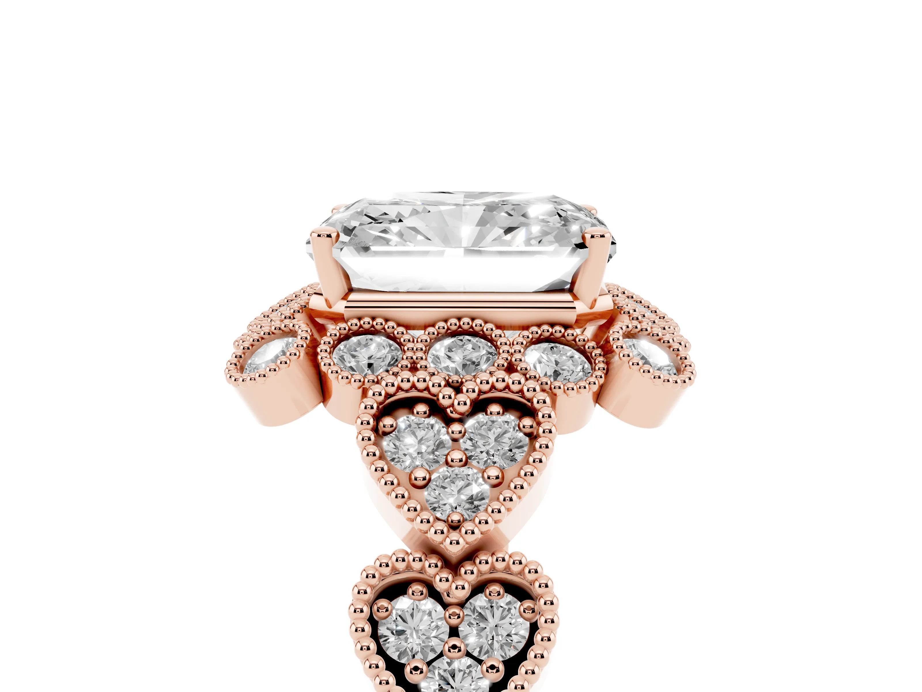 Radiant Cut Diamond Solitaire Ring Set in Rose gold with Milgrain Pavé Heart Band