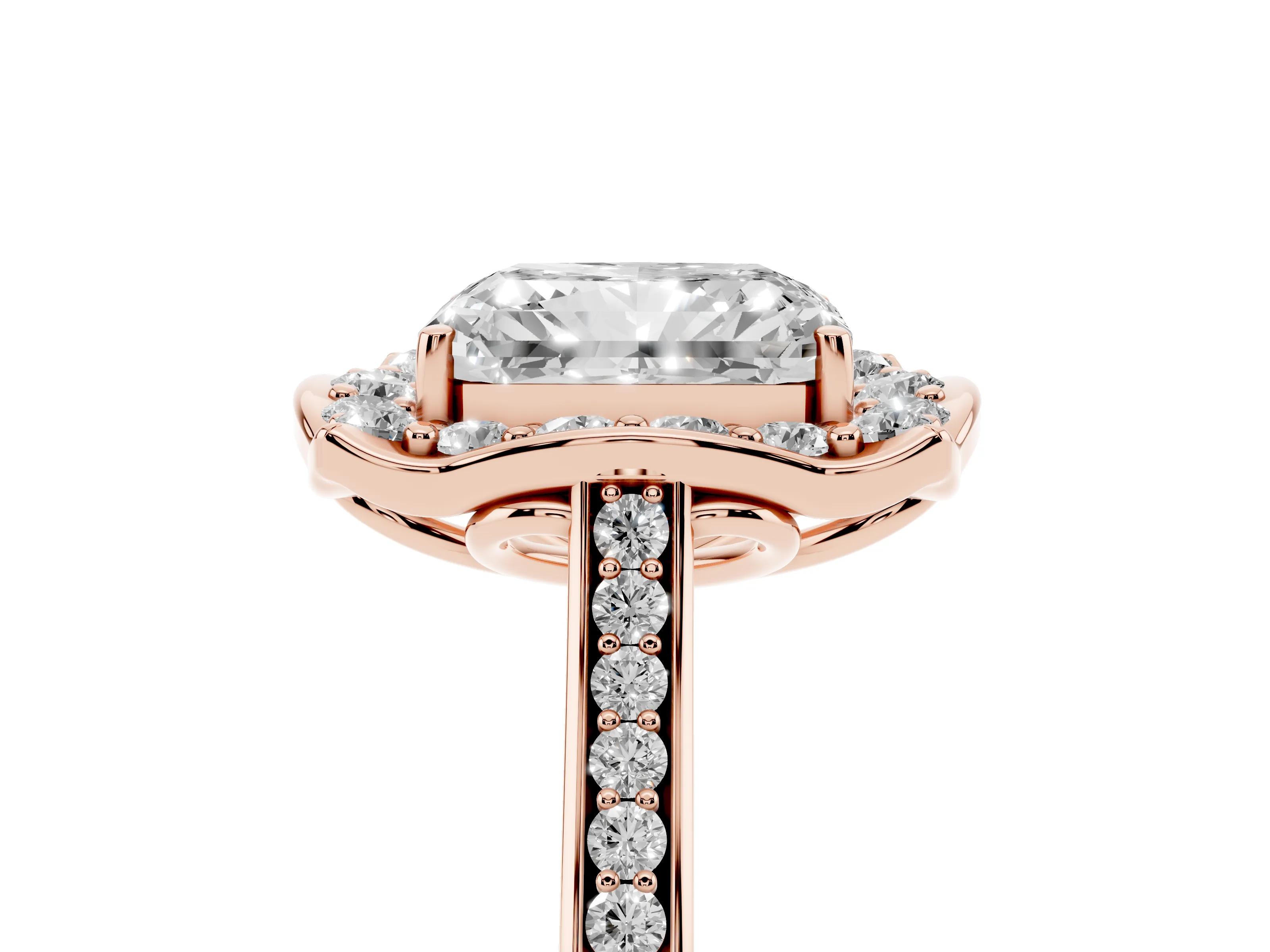 Radiant Cut Diamond Halo Ring Set in Rose gold with Pavé-Lined Shoulders and Prong Setting