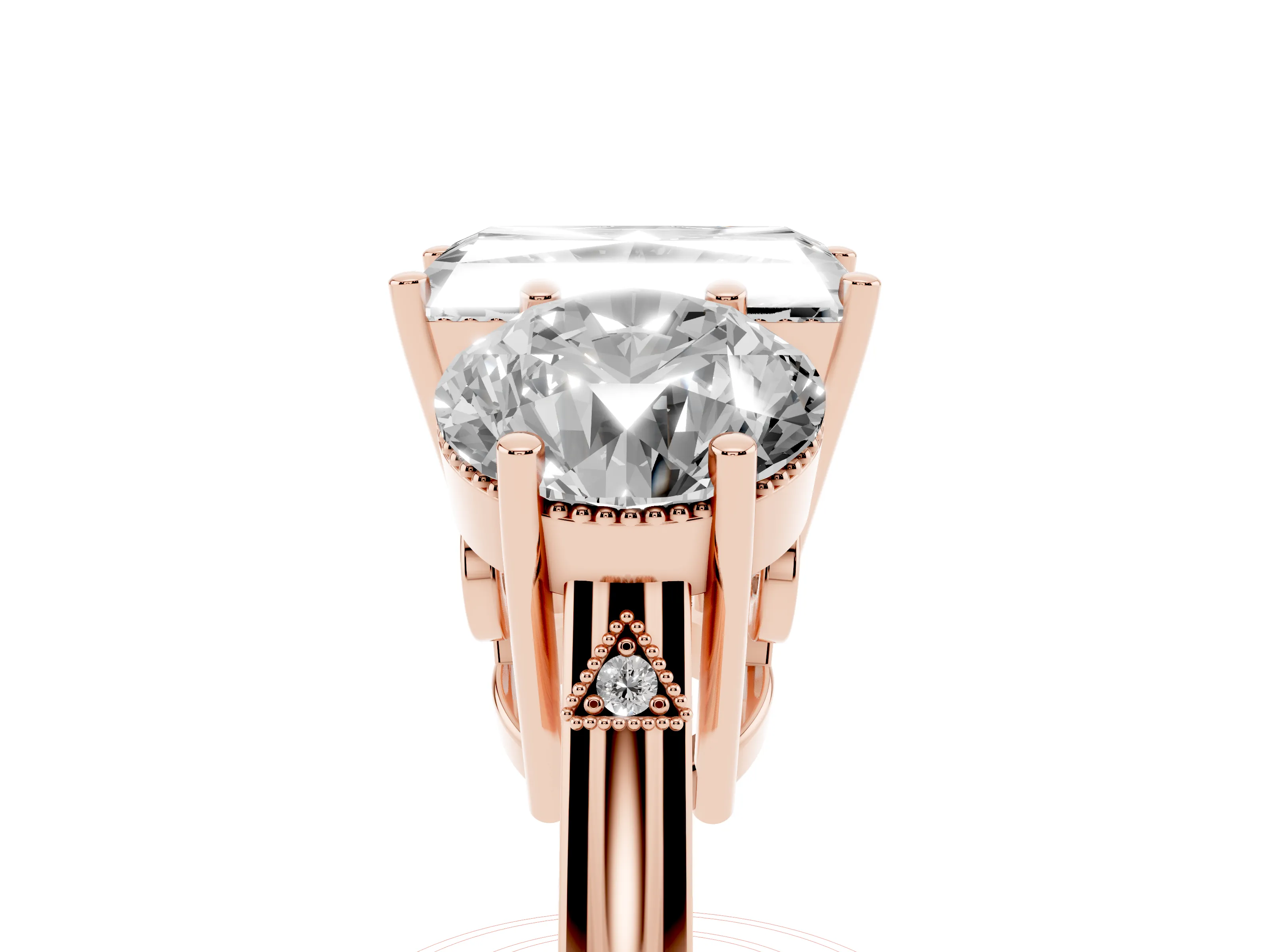 Radiant Cut Diamond Three-Stone Engagement Ring Set in Rose gold with Polished Band