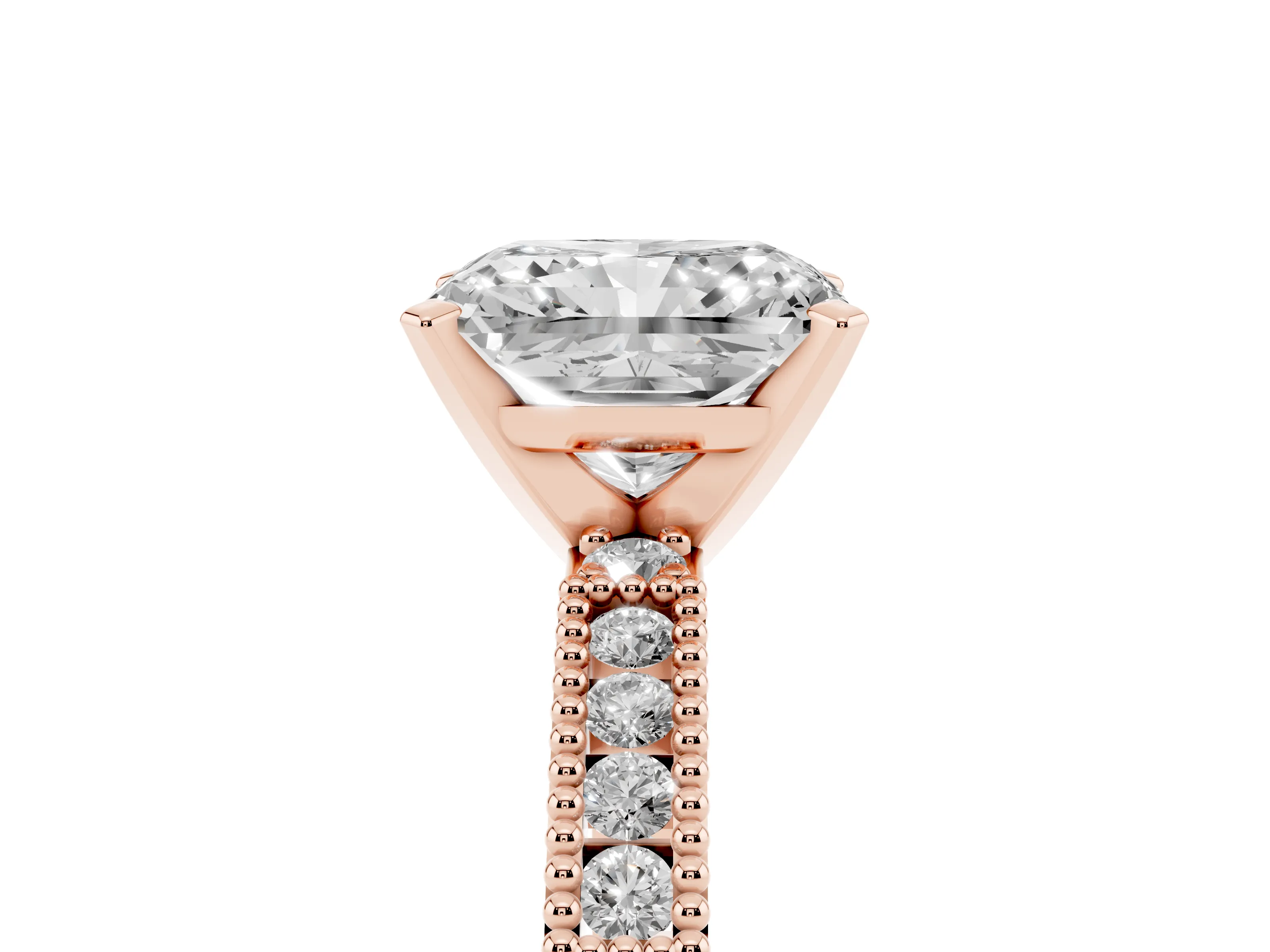 Radiant Cut Diamond Solitaire Ring Set in Rose gold with Slim Pavé Band and Prong Setting