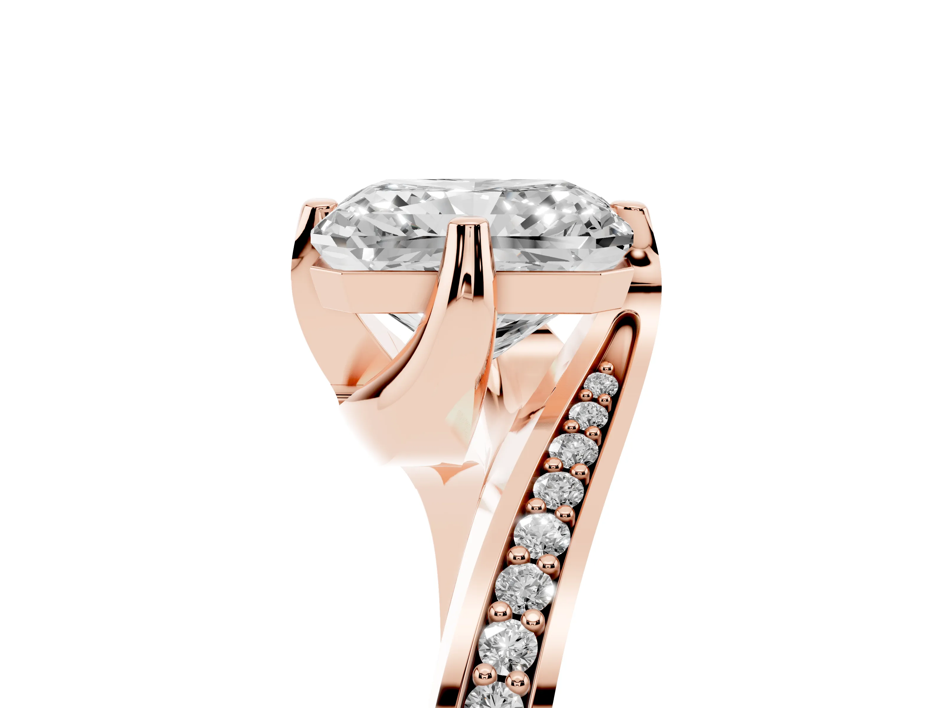 Radiant Cut Diamond Solitaire Ring Set in Rose gold with Intertwined Pavé Twist Band