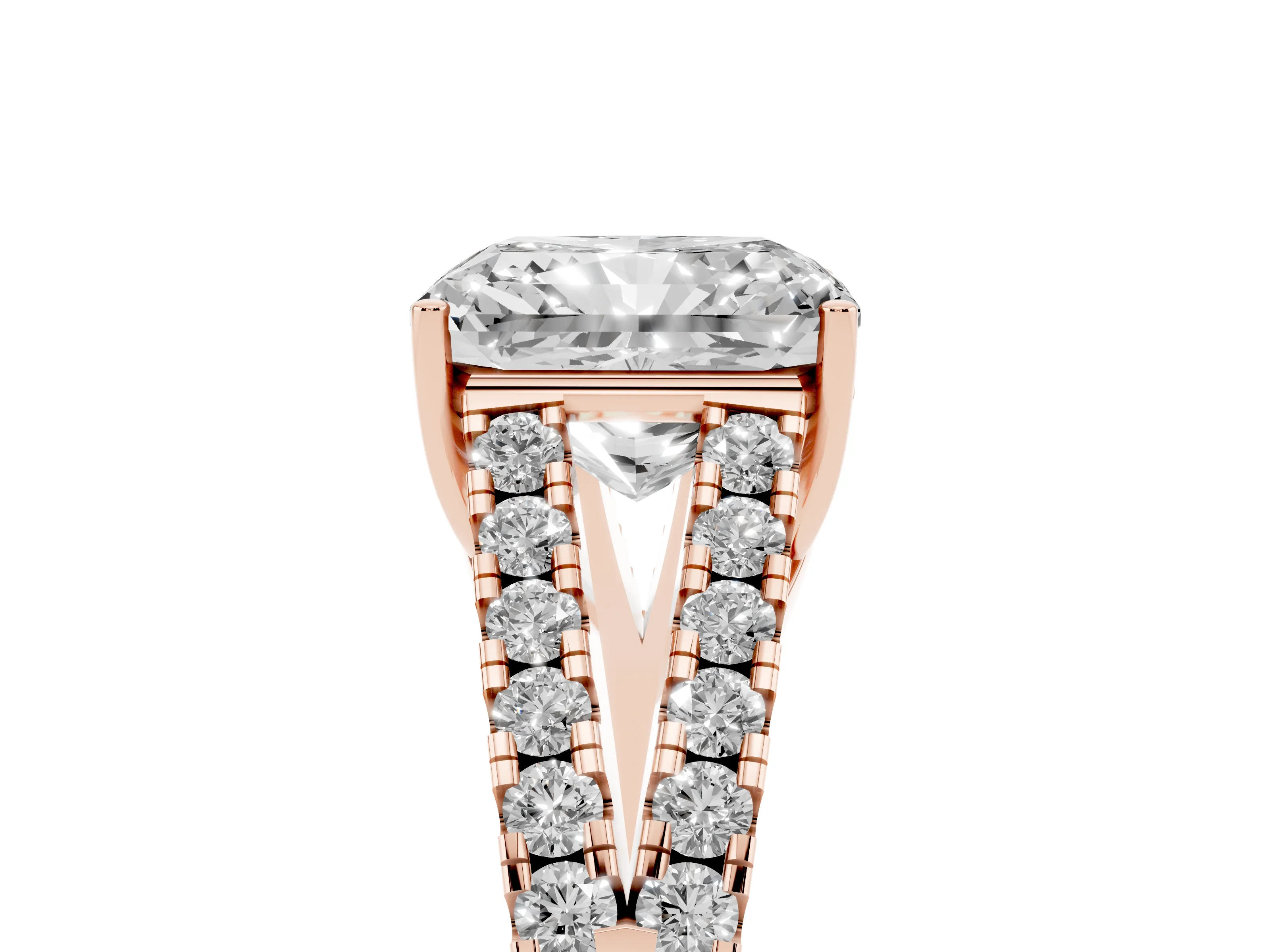 Radiant Cut Diamond Split Shank Pavé Engagement Ring Set in Rose gold with Prong-Held Center Stone