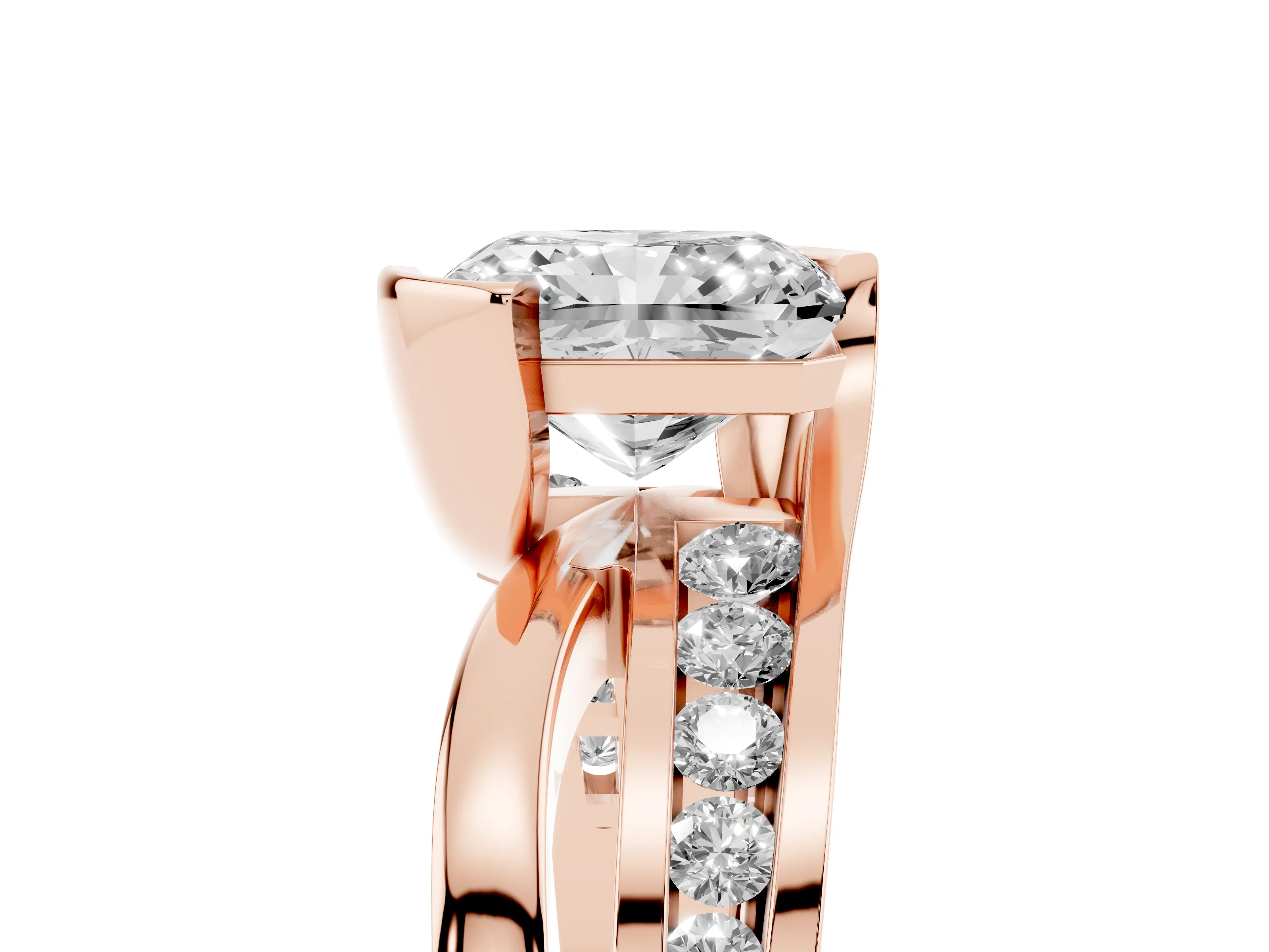 Radiant Cut Diamond Solitaire Ring Set in Rose gold with Channel Set Split Shank and Tension Prongs