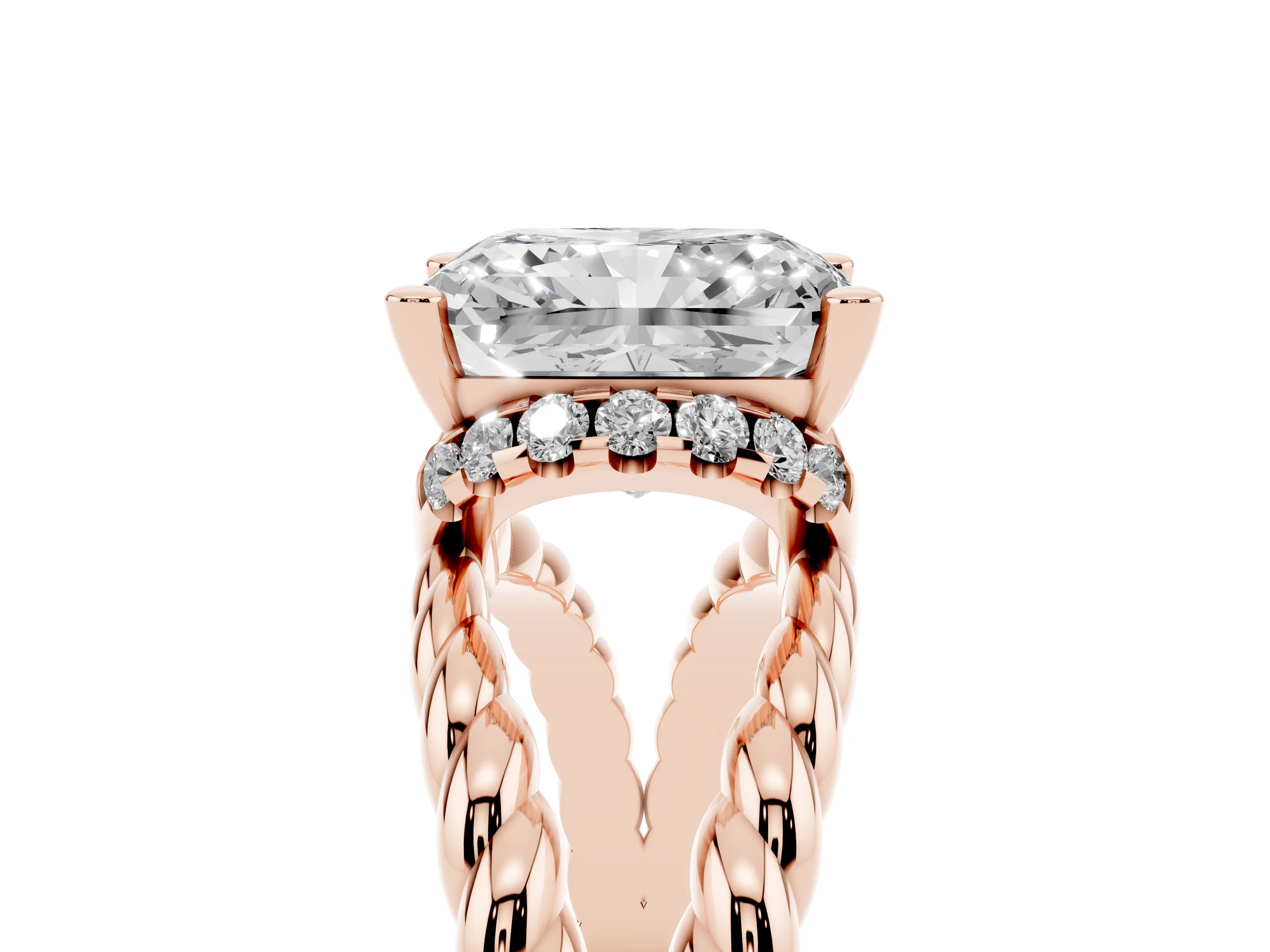 Radiant Cut Diamond Halo Ring Set in Rose gold with Twisted Band and Prong Setting