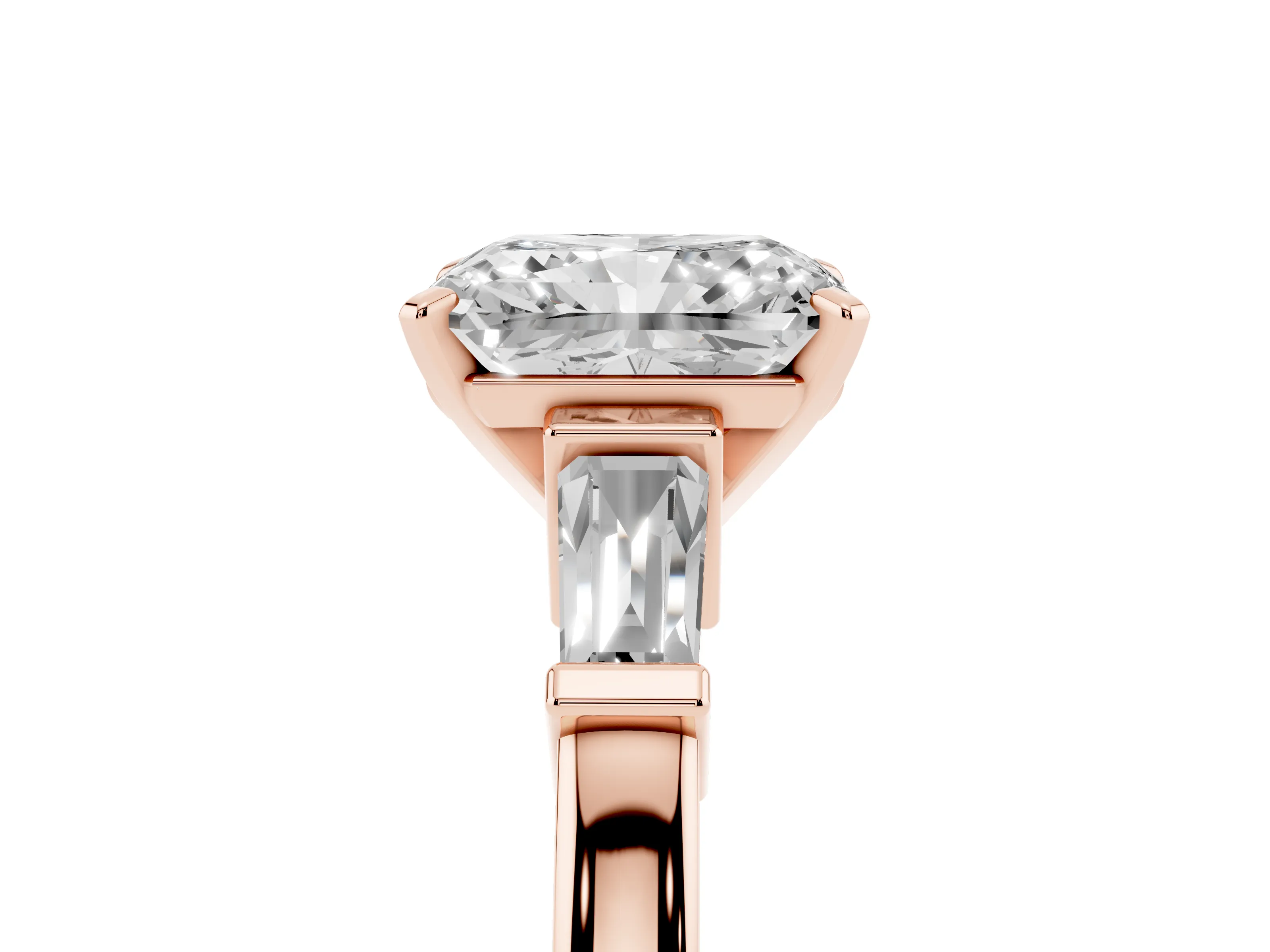 Radiant Cut Diamond Solitaire Ring Set in Rose gold with Tapered Baguette Accents and Prong Setting