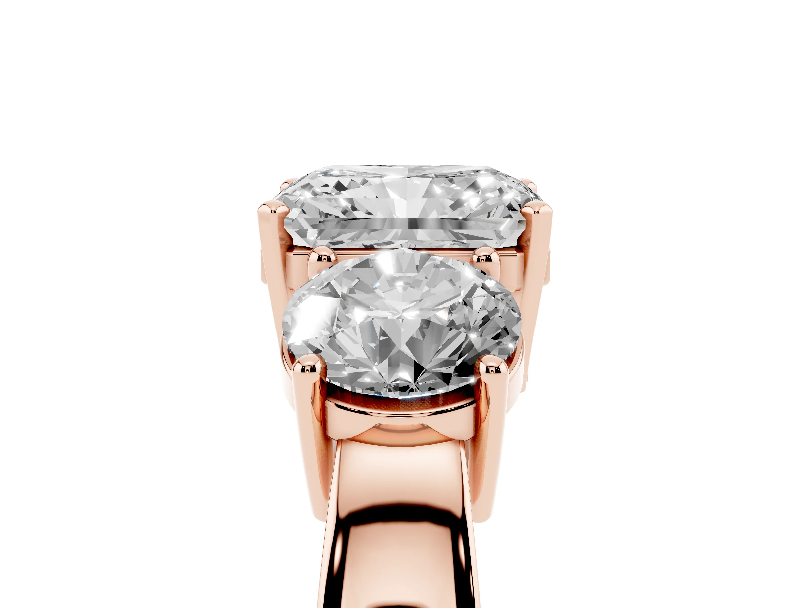 Radiant Cut Diamond Three-Stone Ring Set in Rose gold with Round Side Stones and Classic Band