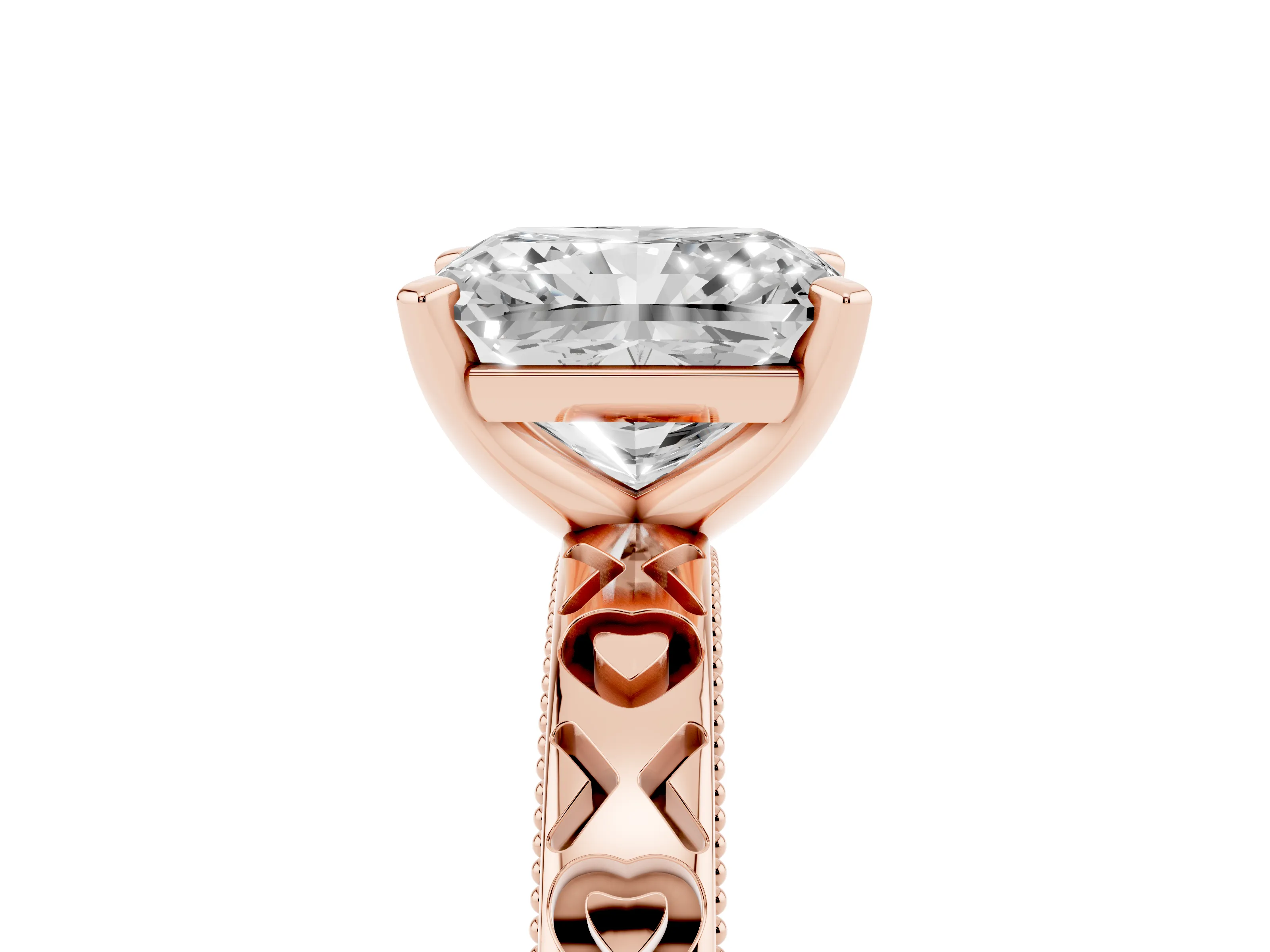 Radiant Cut Diamond Solitaire Engagement Ring Set in Rose gold with XO Engraved Band and Prong Setting