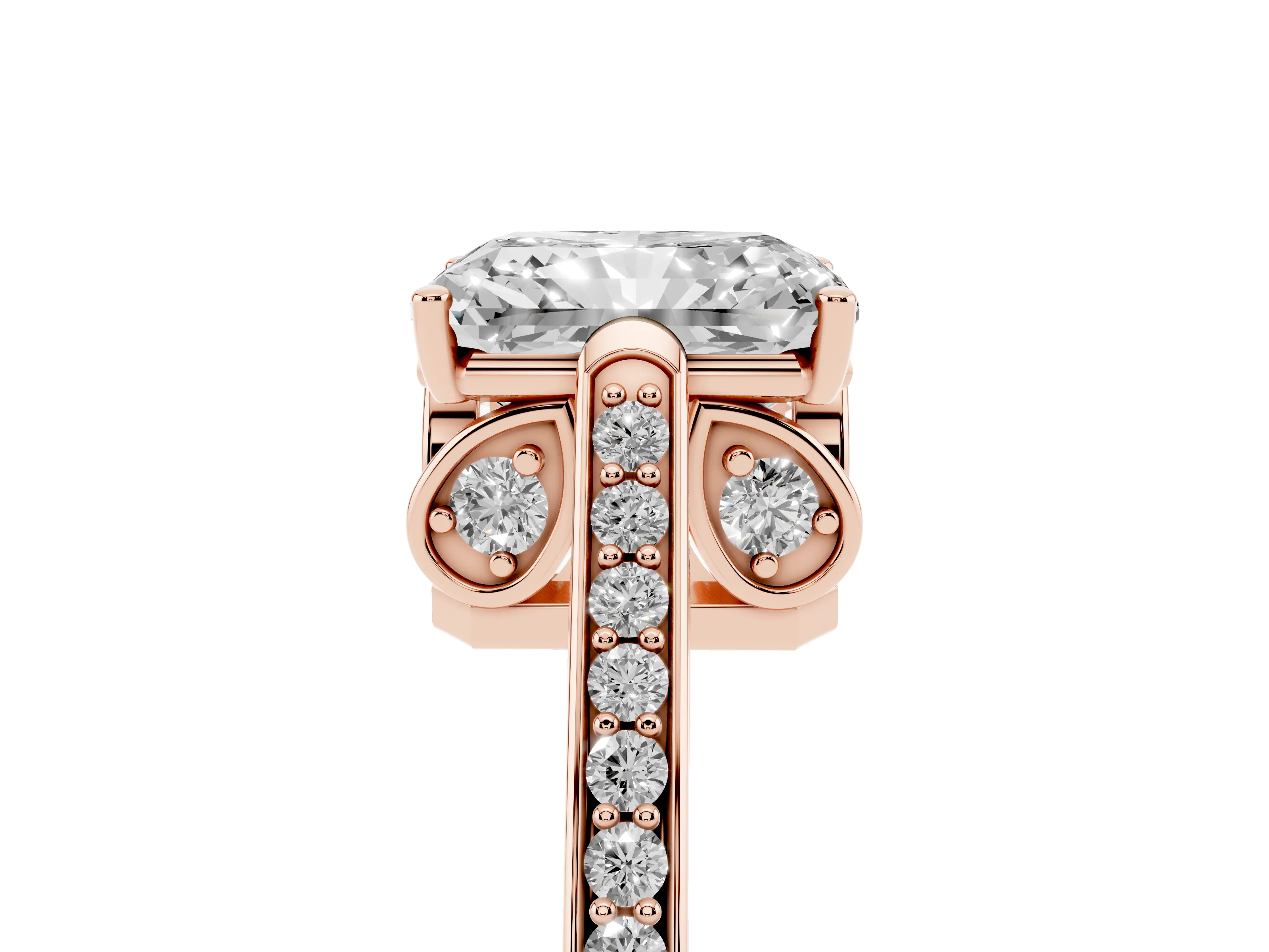 Radiant Cut Diamond Cathedral Pavé Engagement Ring Set in Rose gold with Prong Setting