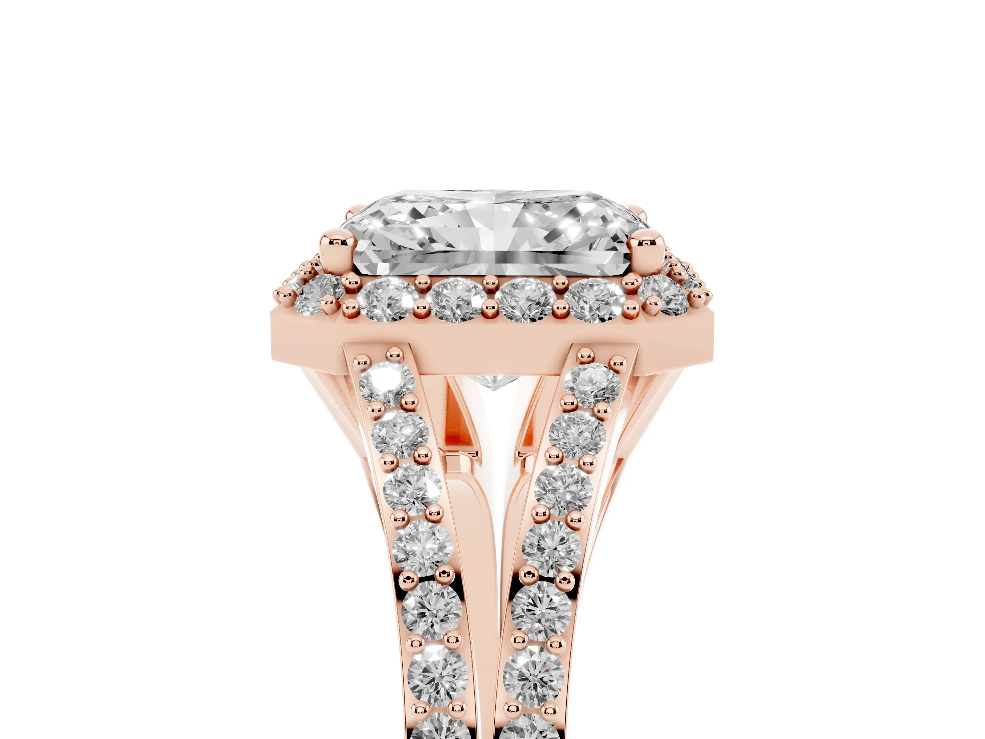Radiant Cut Diamond Halo Split Shank Pavé Ring Set in Rose gold with Prong Setting