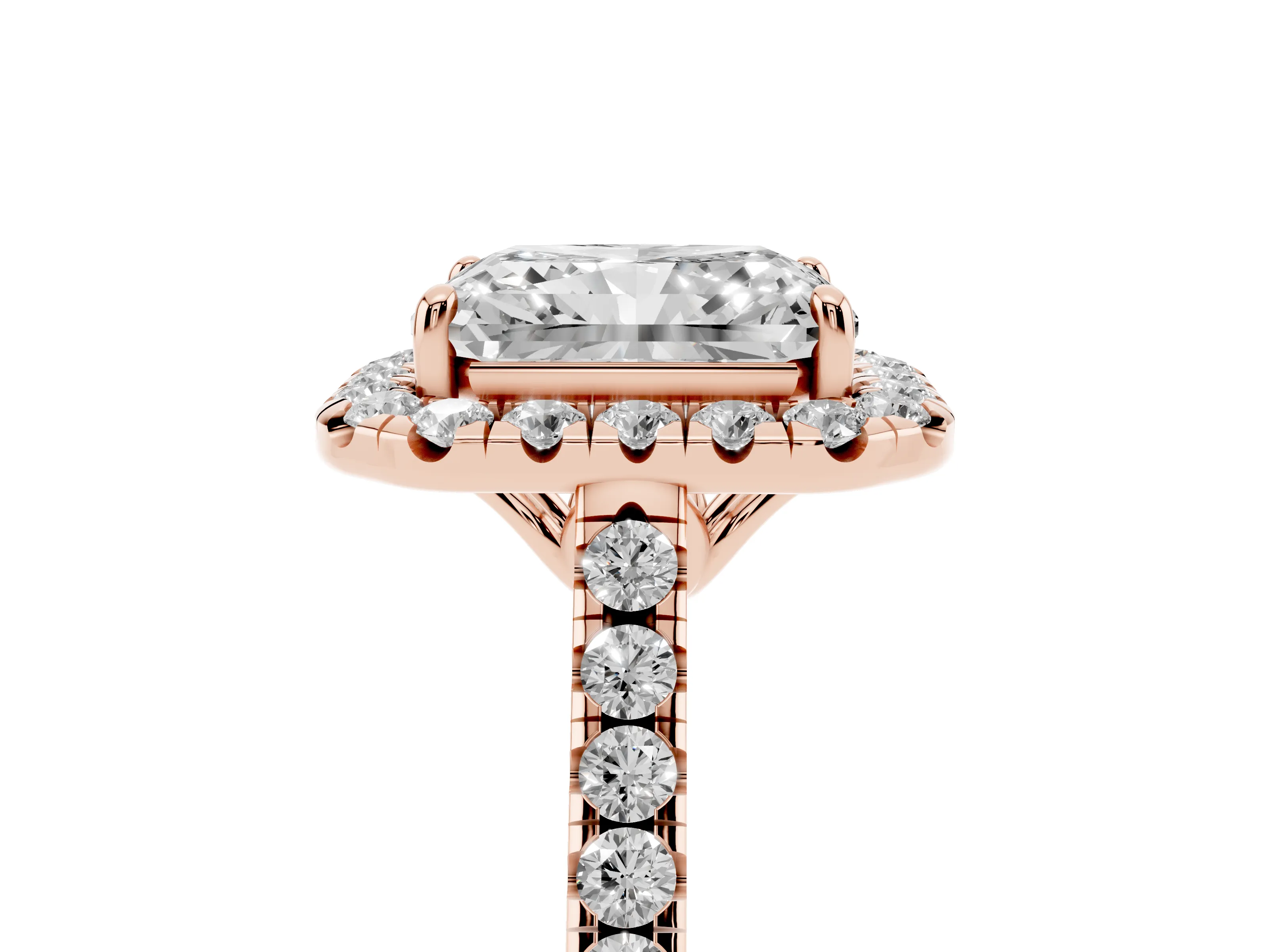 Radiant Cut Diamond Pavé Halo Engagement Ring Set in Rose gold with Pavé Band and Prong Setting
