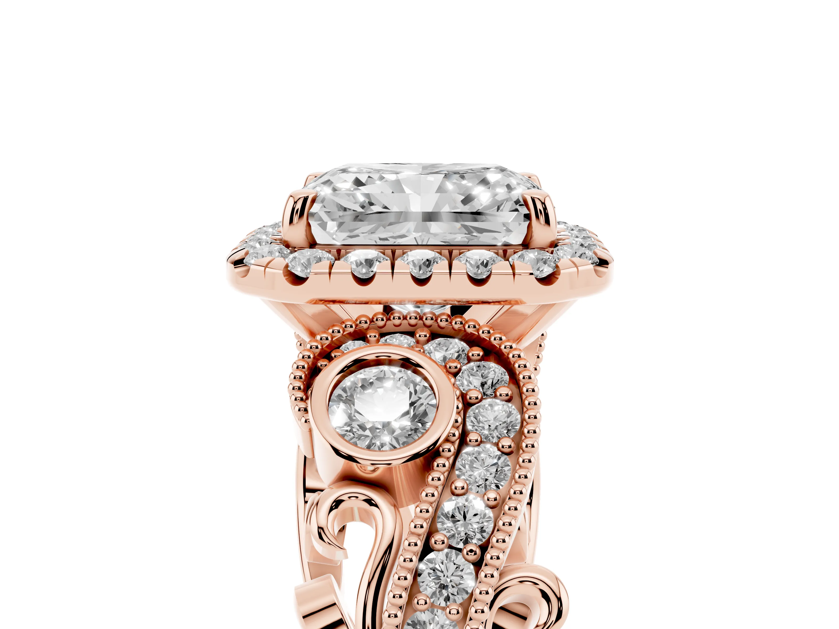 Radiant Cut Diamond Halo Ring Set in Rose gold with Milgrain Pavé Band and Prong Setting