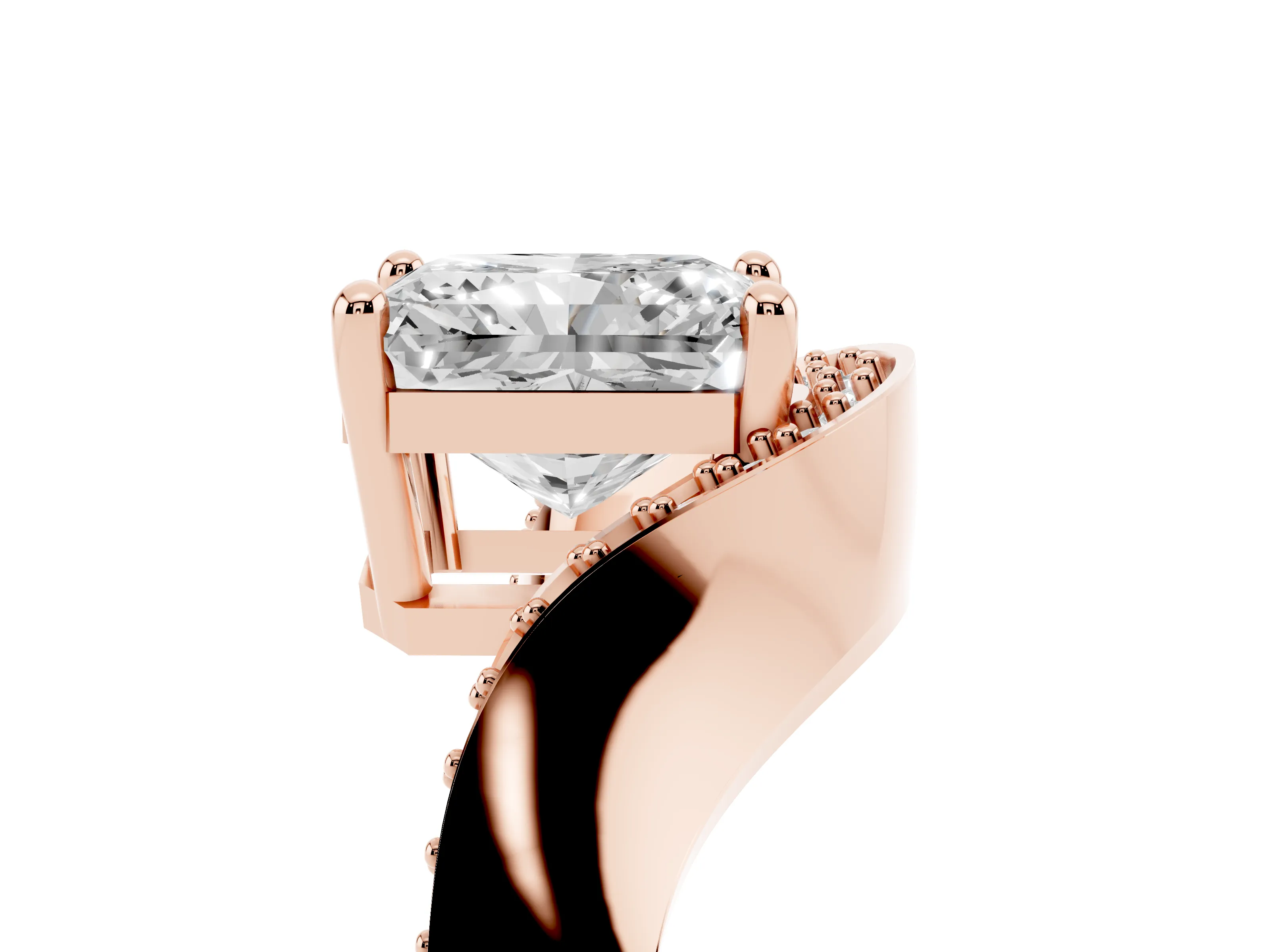 Radiant Cut Diamond Solitaire Engagement Ring Set in Rose gold with Pavé Shoulders