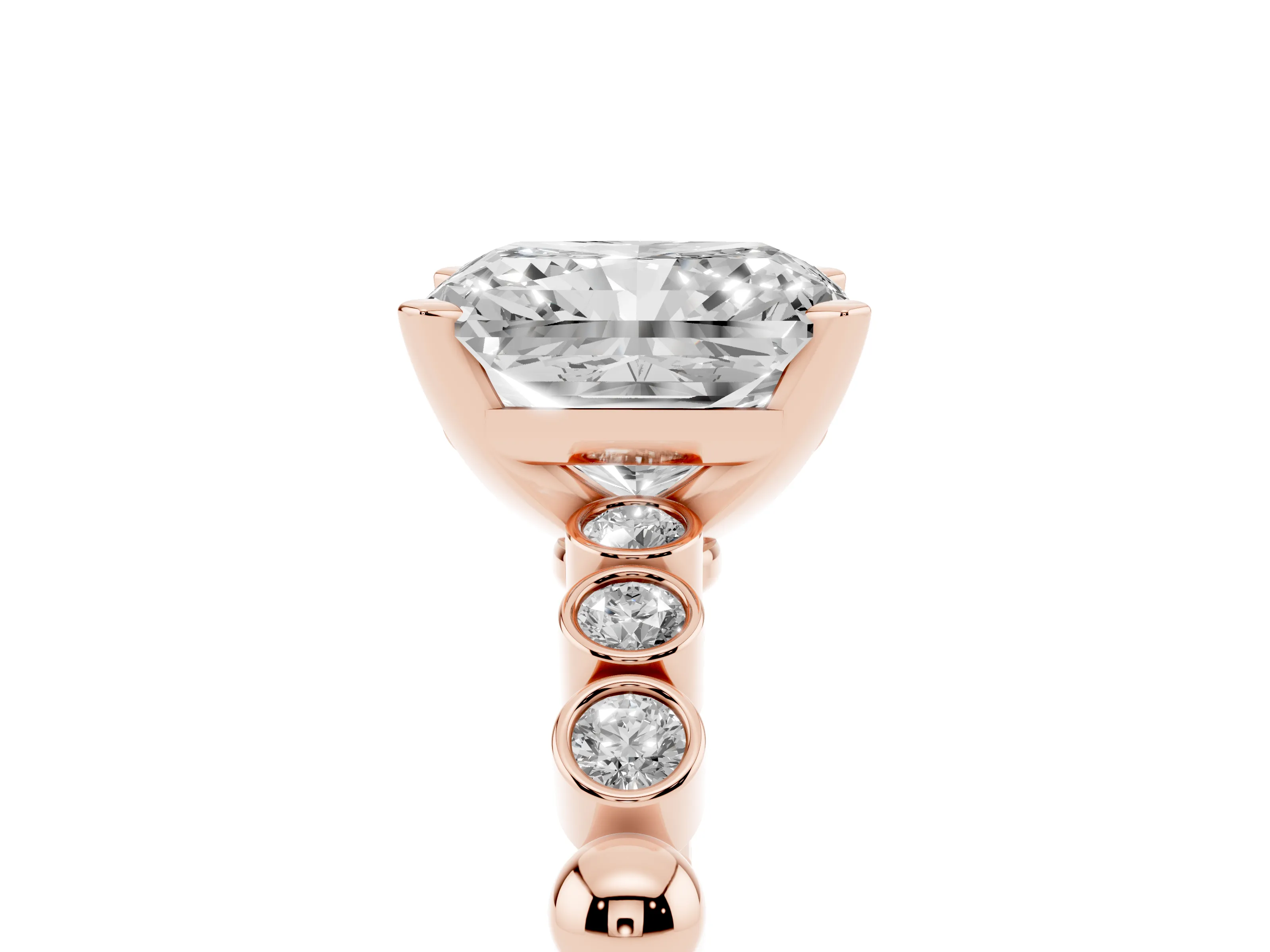 Radiant Cut Diamond Solitaire Engagement Ring Set in Rose gold with Bezel Accents on Beaded Band