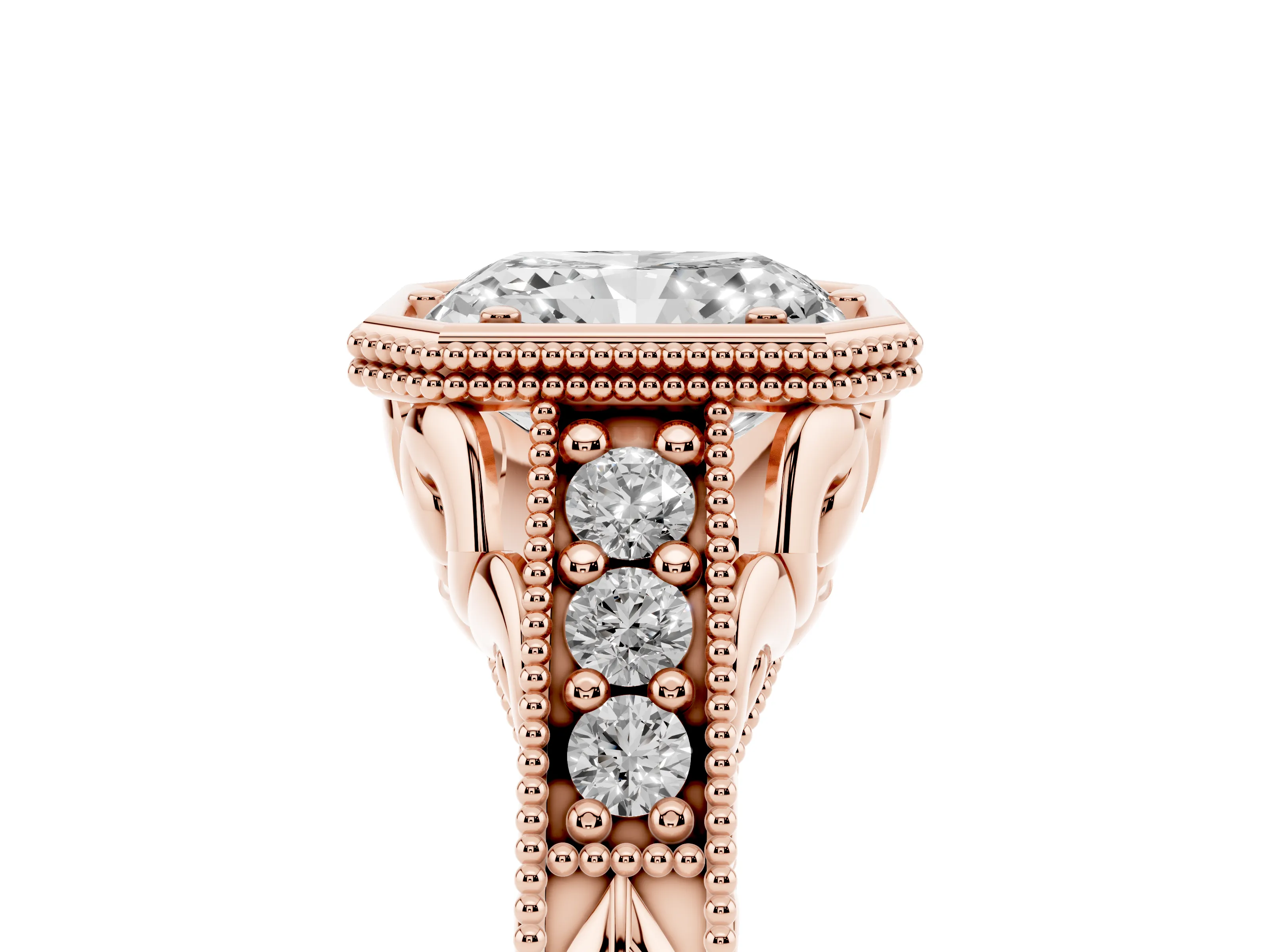 Bezel Set Radiant Cut Diamond Milgrain Pavé Engagement Ring Set in Rose gold