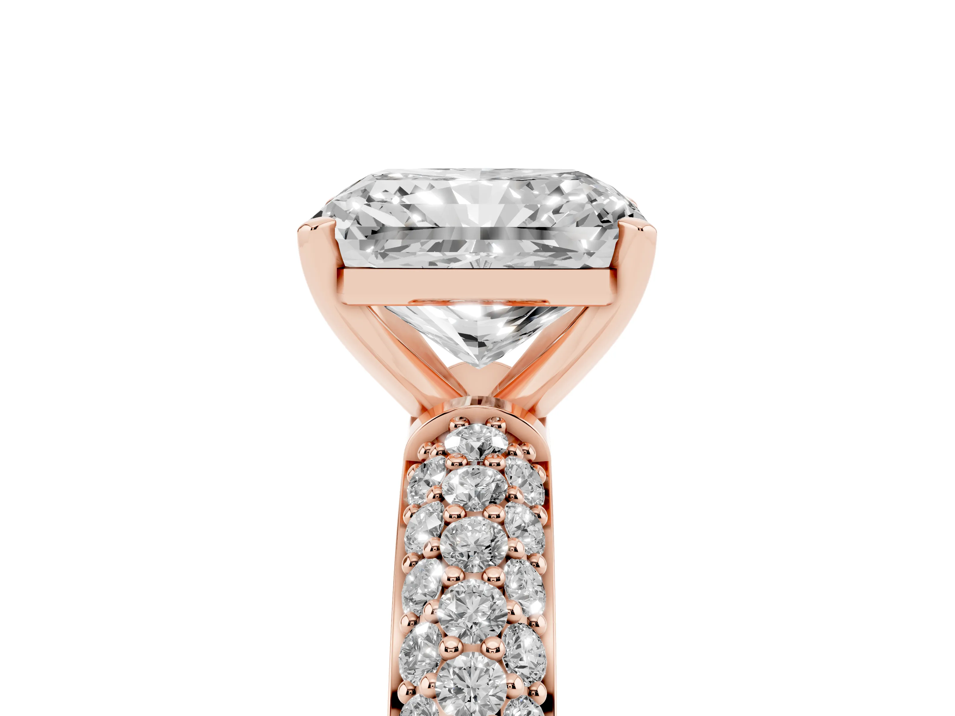 Radiant Cut Diamond Solitaire Ring Set in Rose gold with Prong Setting and Pavé-Set Band