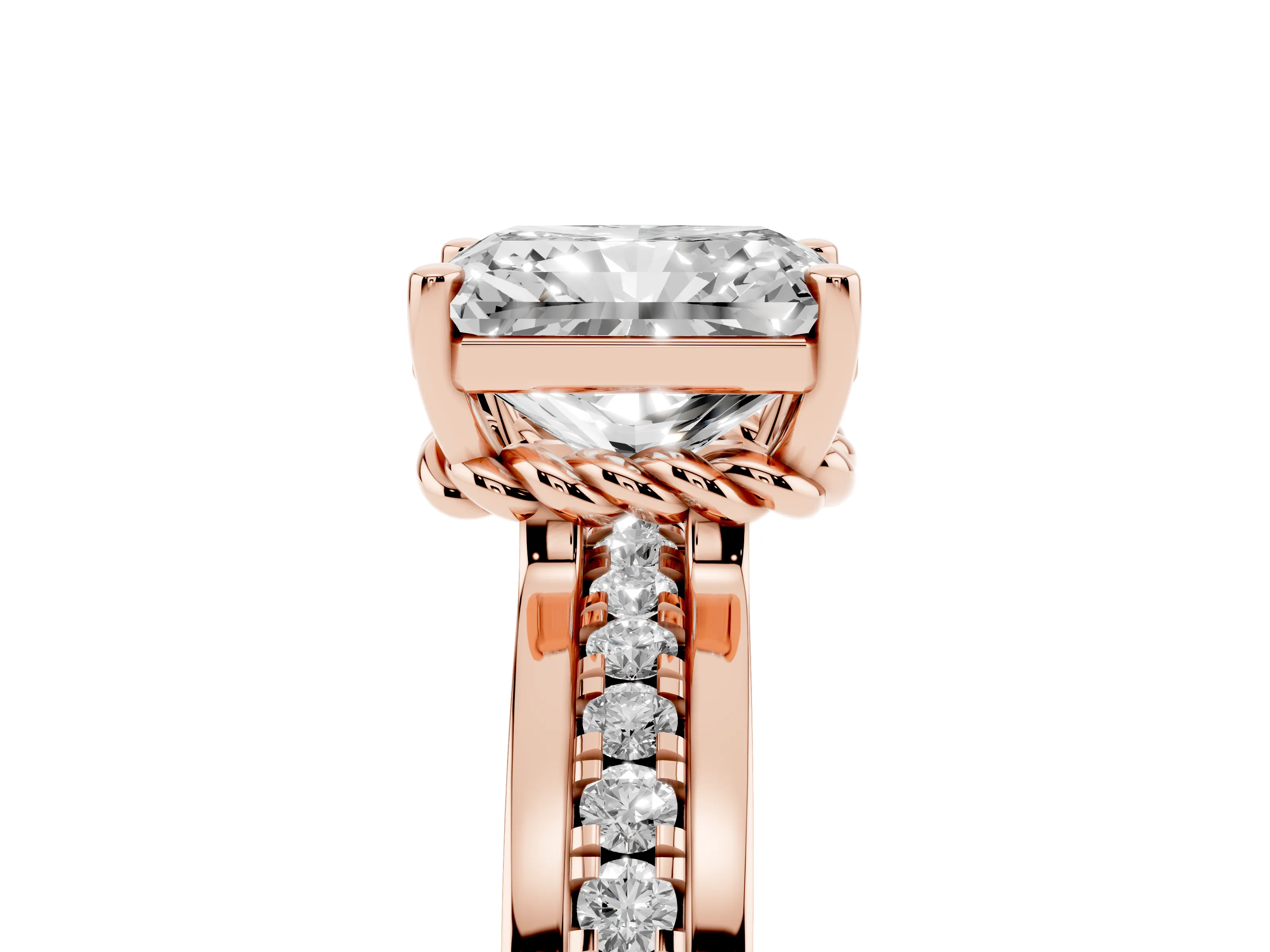 Radiant Cut Diamond Solitaire Ring Set in Rose gold with Channel Set Band and Prong Setting