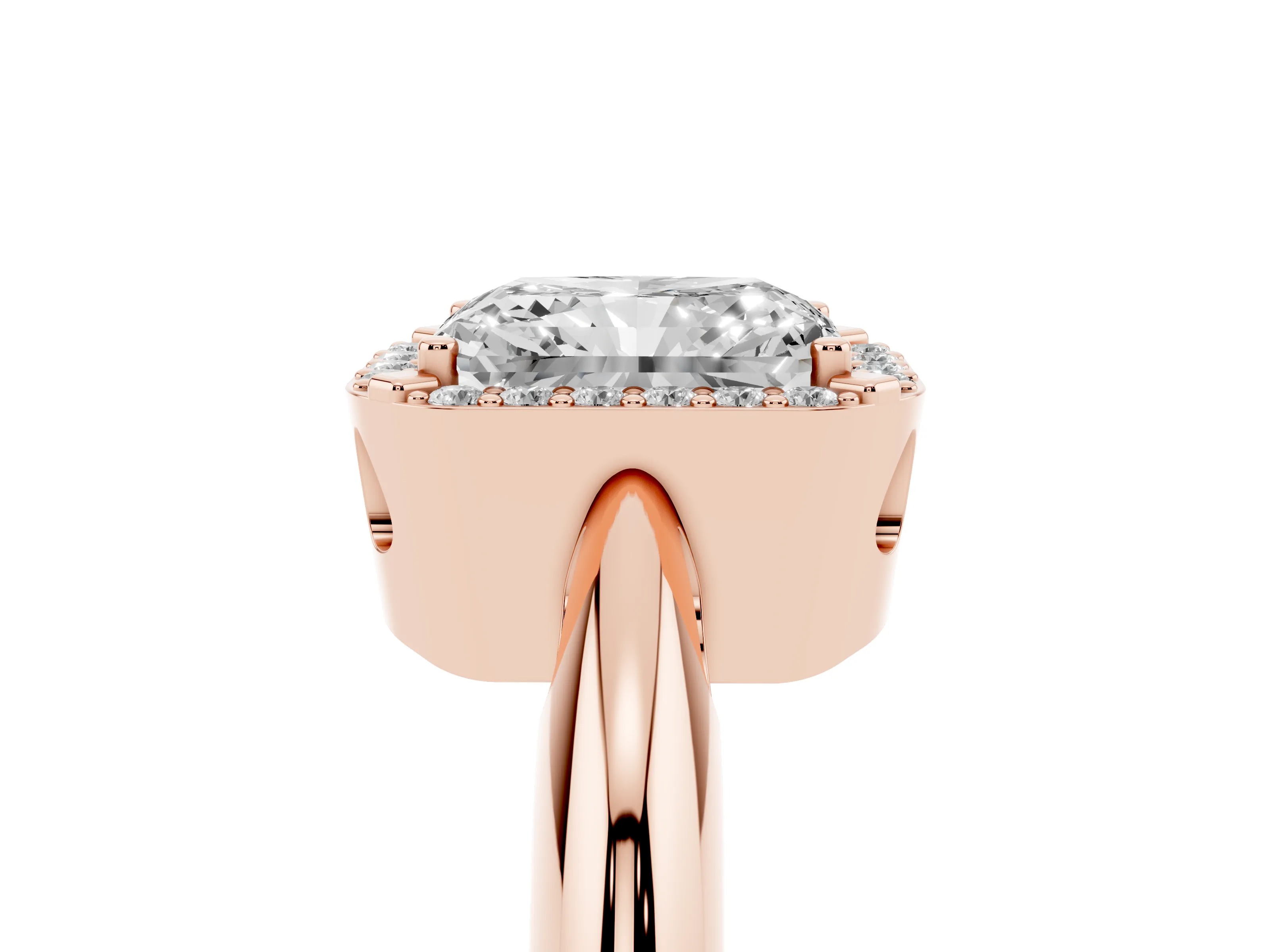 Radiant Cut Diamond Halo Engagement Ring Set in Rose gold with Plain Split Shank and Prong Setting