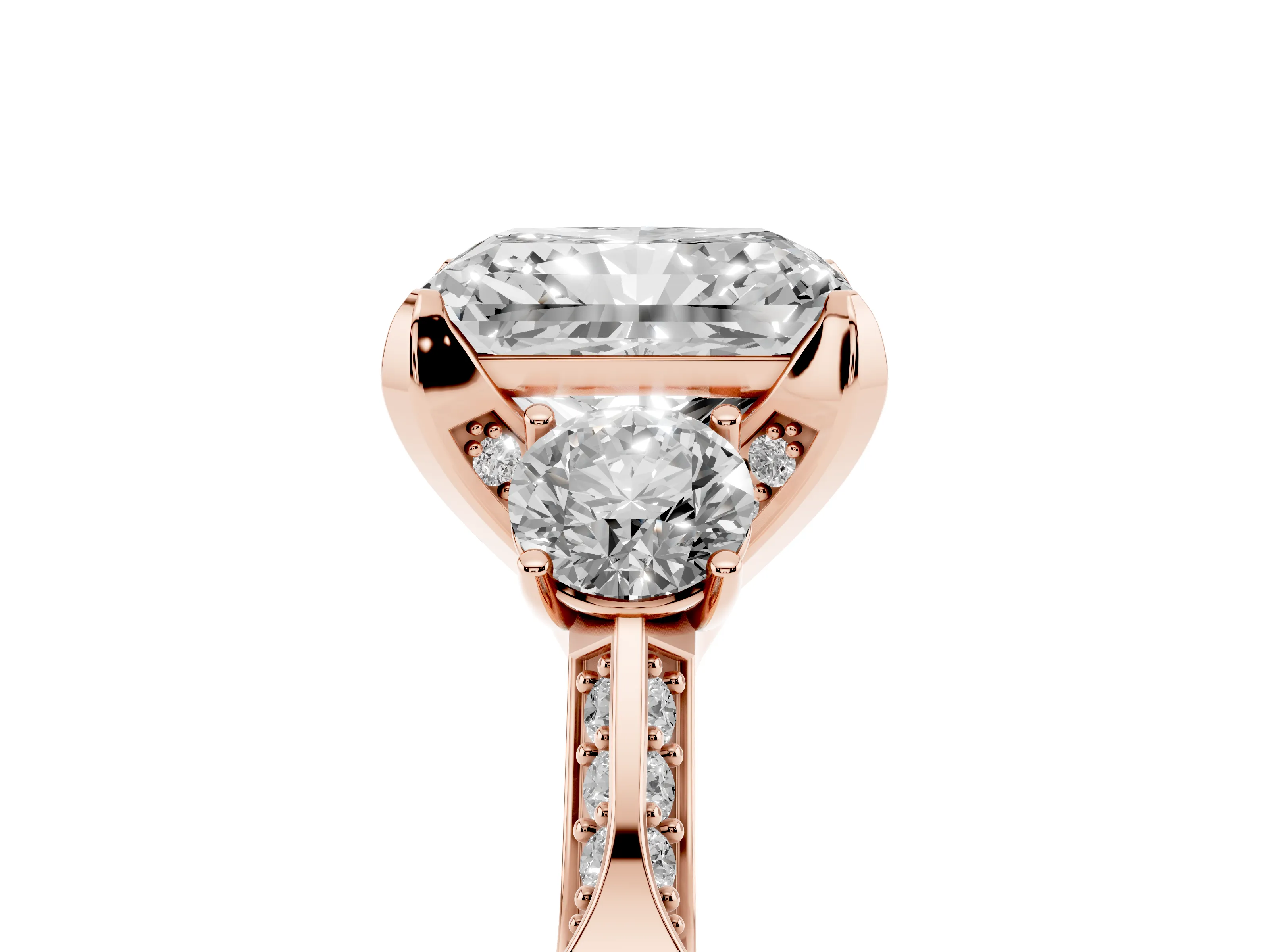 Radiant Cut Diamond Three-Stone Ring Set in Rose gold with Pavé Band and Smaller Side Stones