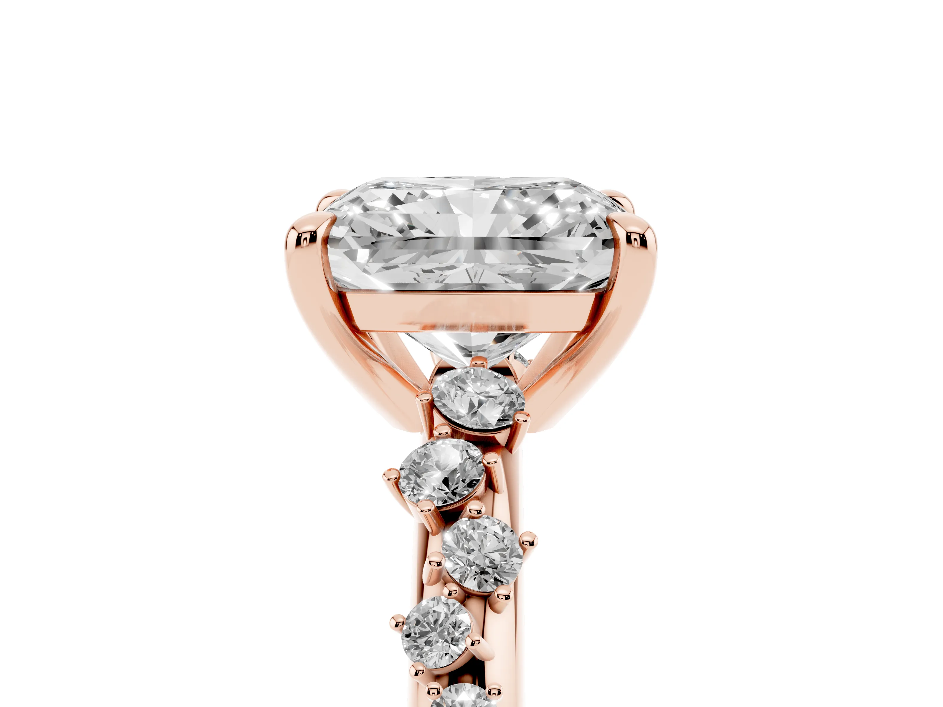 Radiant Cut Diamond Solitaire Vine Band Ring Set in Rose gold with Round Accents and Prong Setting