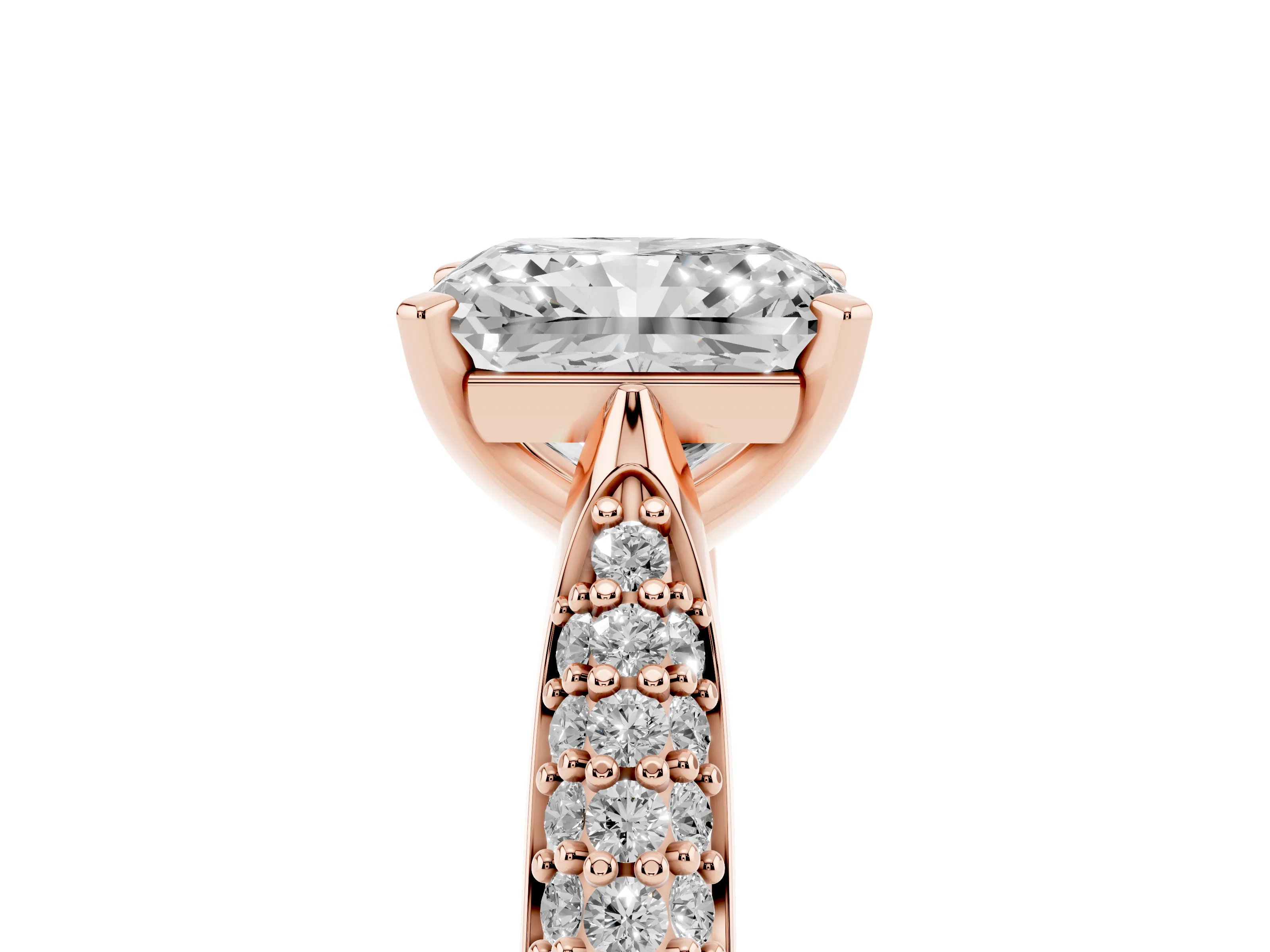 Radiant Cut Diamond Solitaire Engagement Ring Set in Rose gold with Multi-Row Round Pavé Band and Prong Setting