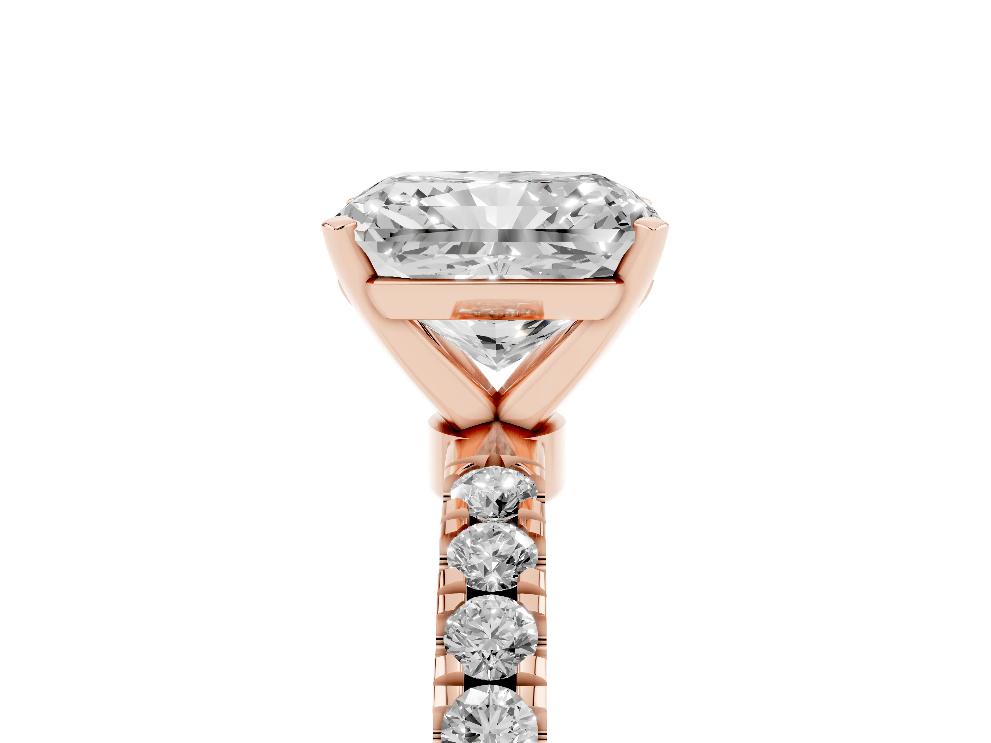 Radiant Cut Diamond Solitaire Ring Set in Rose gold with Pavé Accents and Prong Setting