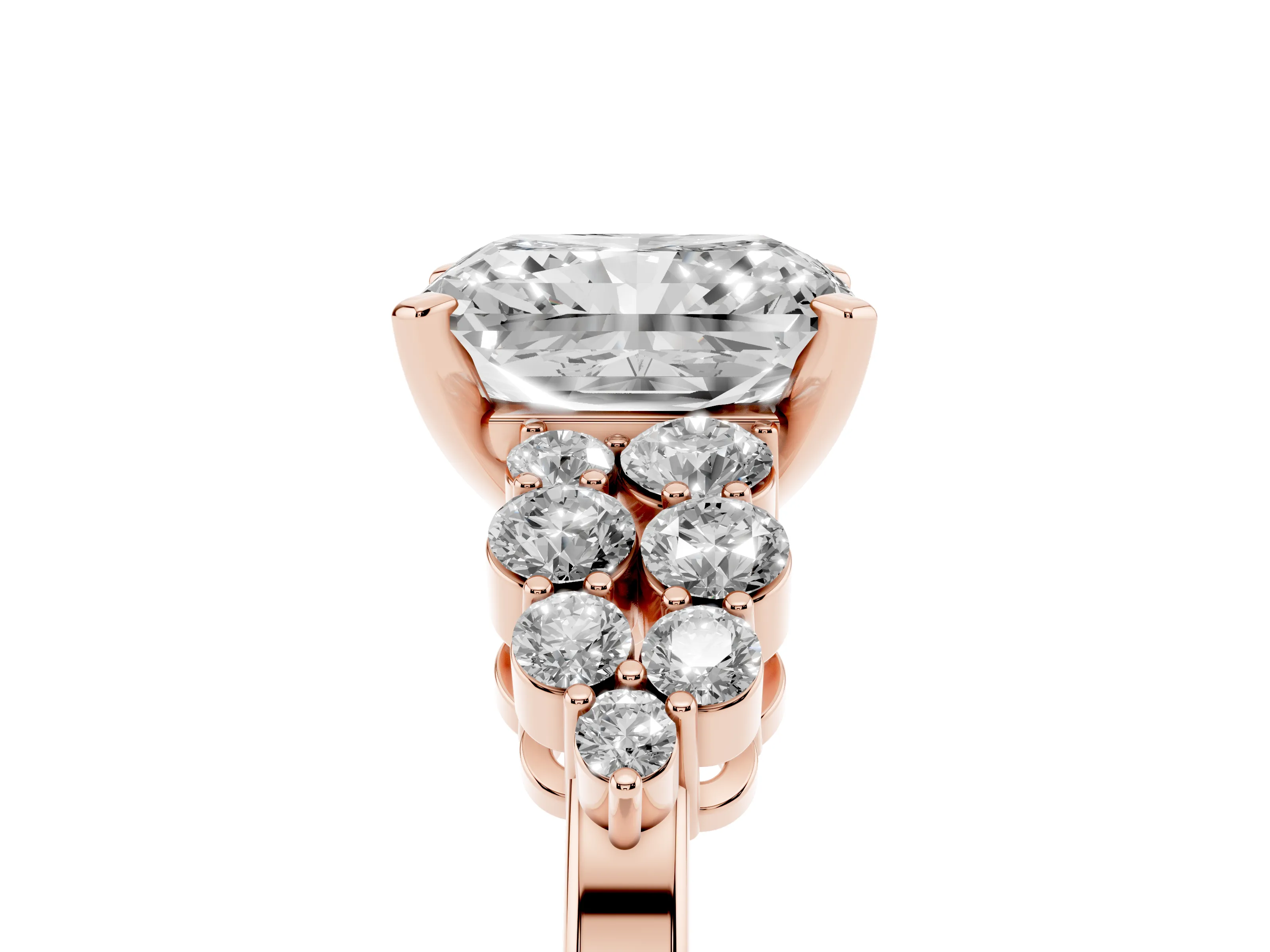 Radiant Cut Diamond Cluster Engagement Ring Set in Rose gold with Pavé Band and Prong Setting