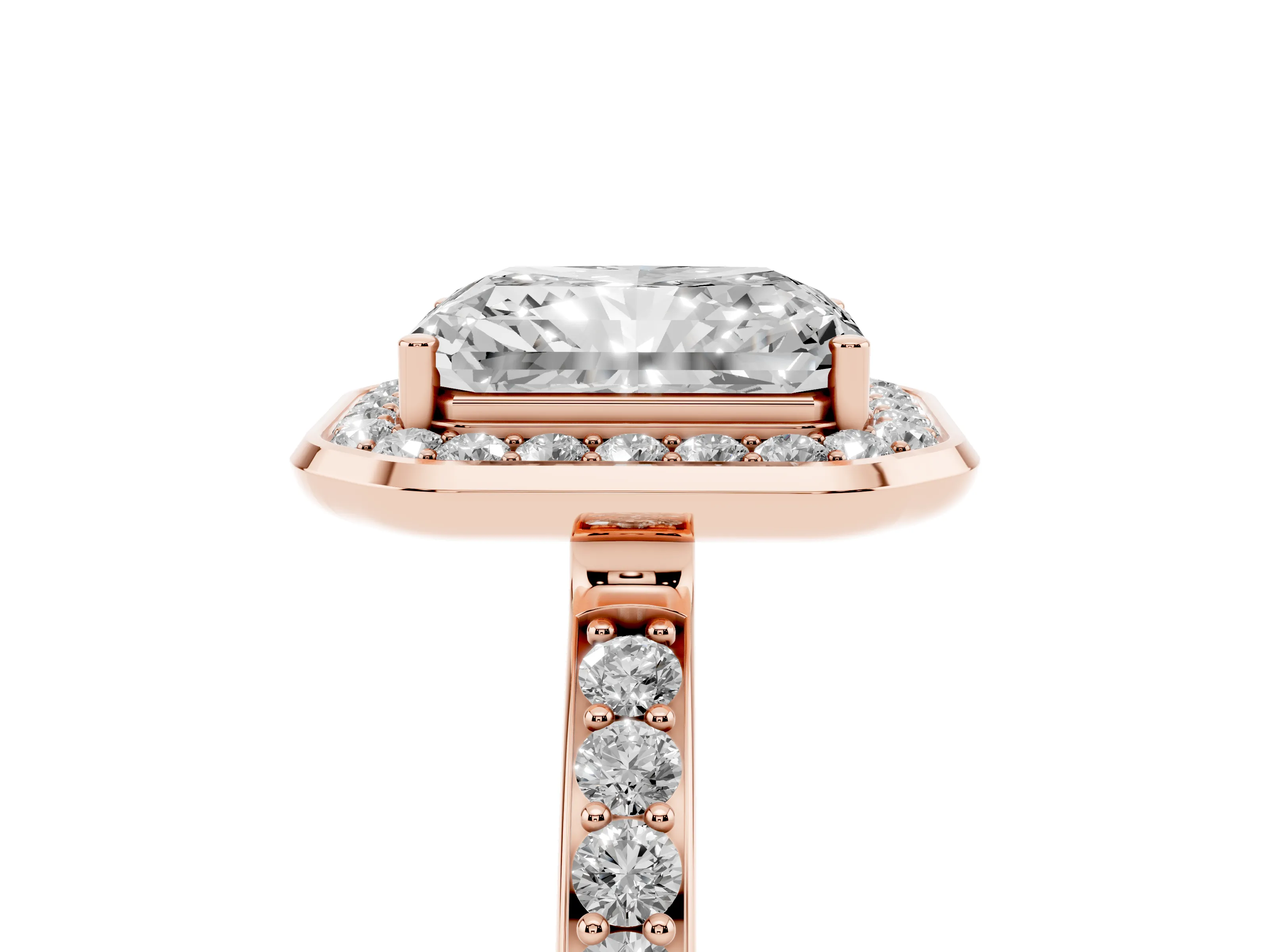 Radiant Cut Diamond Halo Ring Set in Rose gold with Bezel Frame and Pavé Band