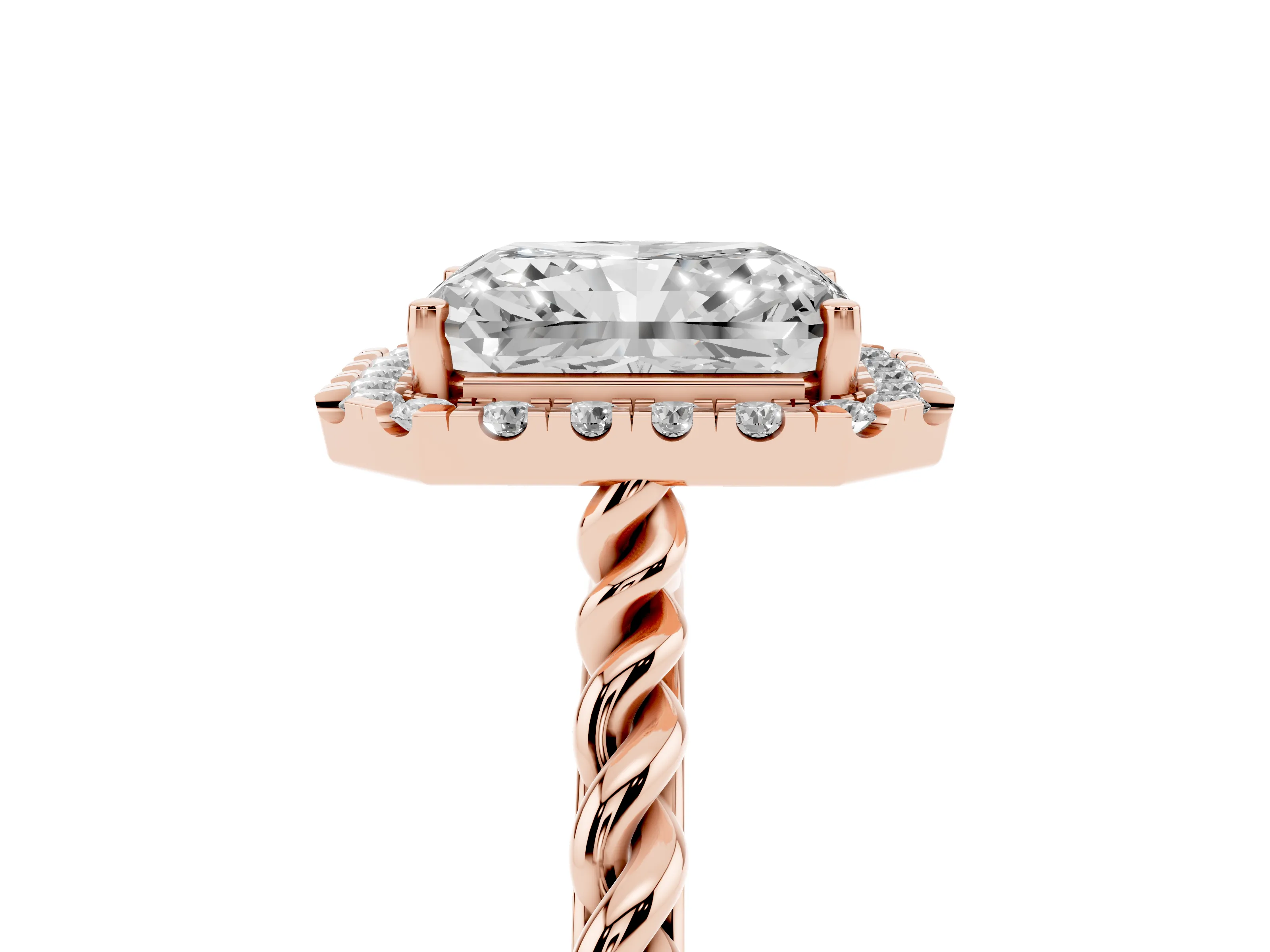 Radiant Cut Diamond Halo Ring Set in Rose gold with Plain Twisted Band