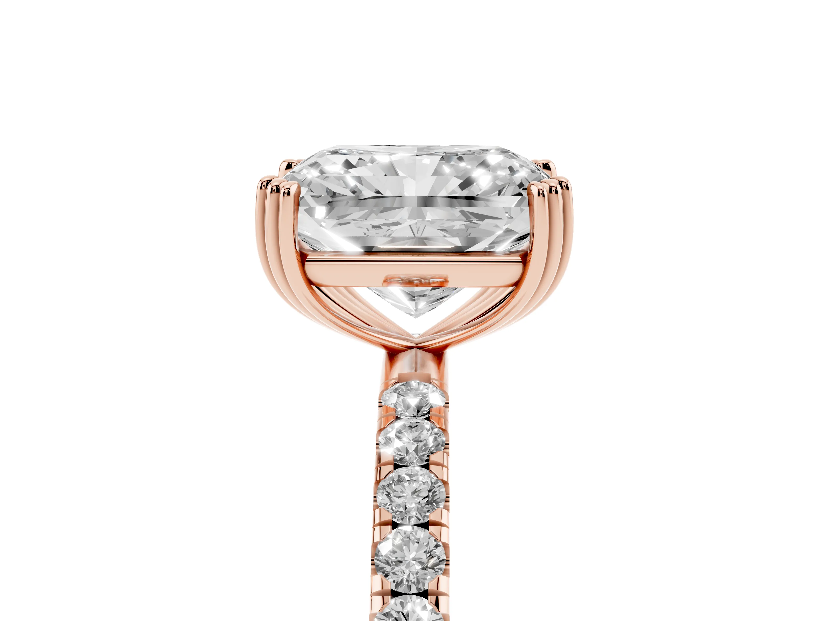 Radiant Cut Diamond Brilliant Solitaire Set in Rose gold with Pavé Band and Claw Prong Setting