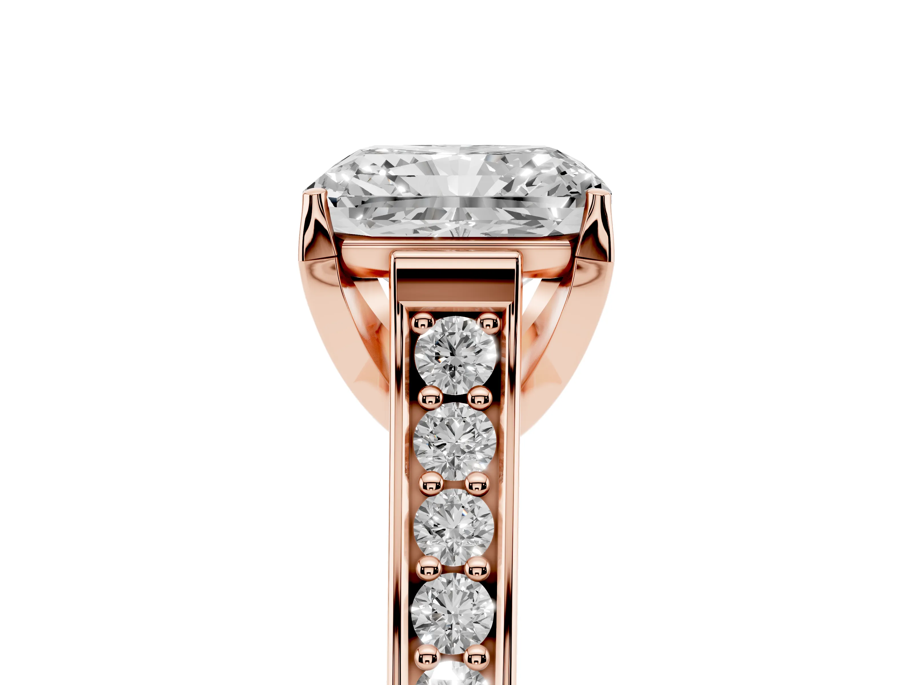 Radiant Cut Diamond Solitaire Pavé Engagement Ring Set in Rose gold with Prong Setting