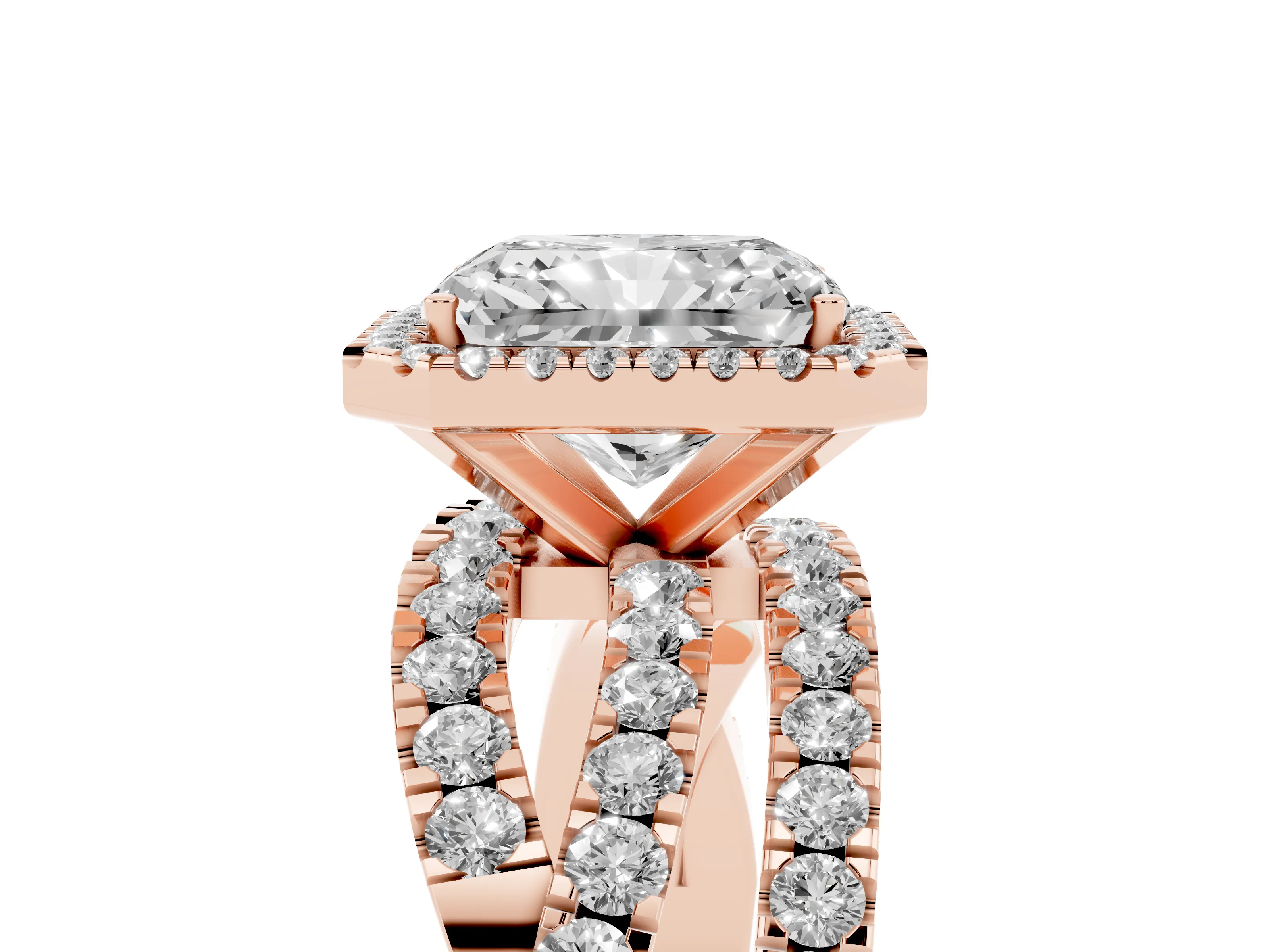 Radiant Cut Diamond Halo Ring Set in Rose gold with Round Crossover Split Shank and Prong Setting