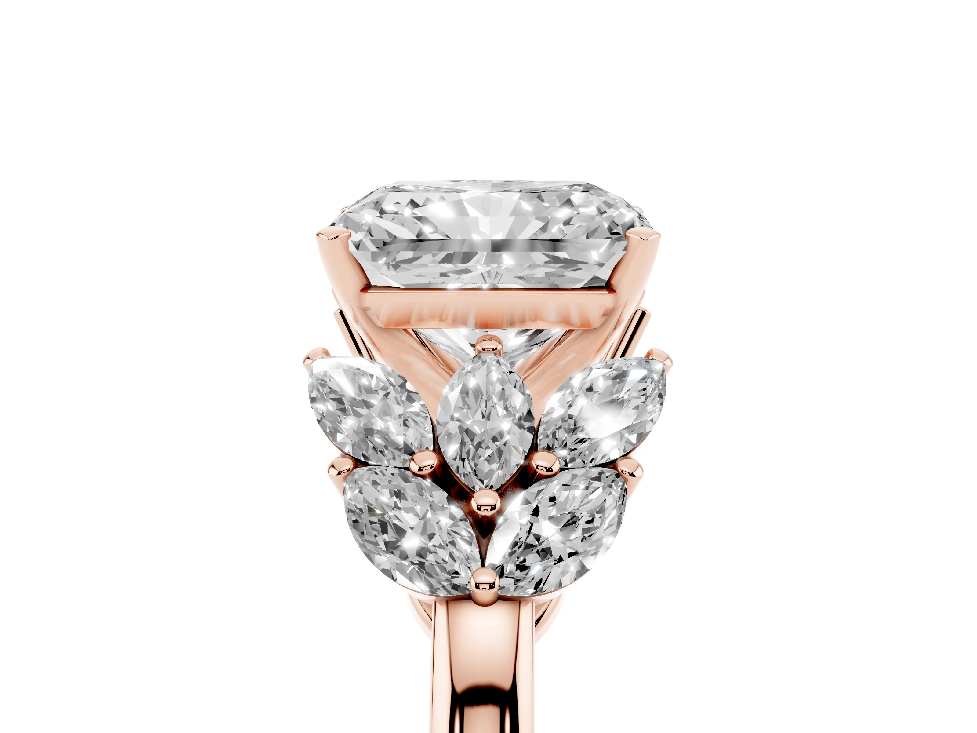 Radiant Cut Diamond Cluster Leaf Design Ring Set in Rose gold with Prong Setting