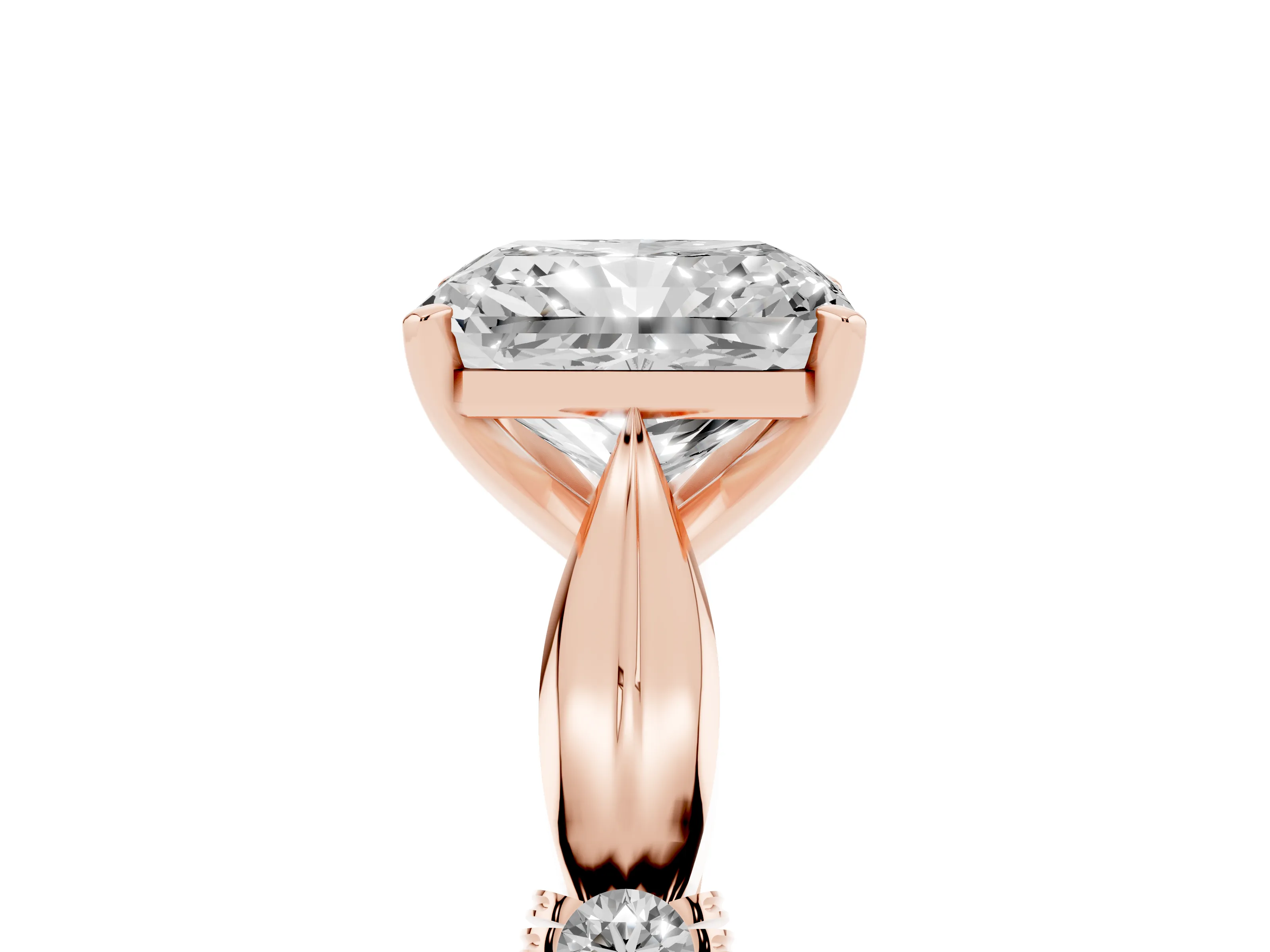 Radiant Cut Diamond Solitaire Twisted Band Ring Set in Rose gold with Accent Stones and Prong Setting