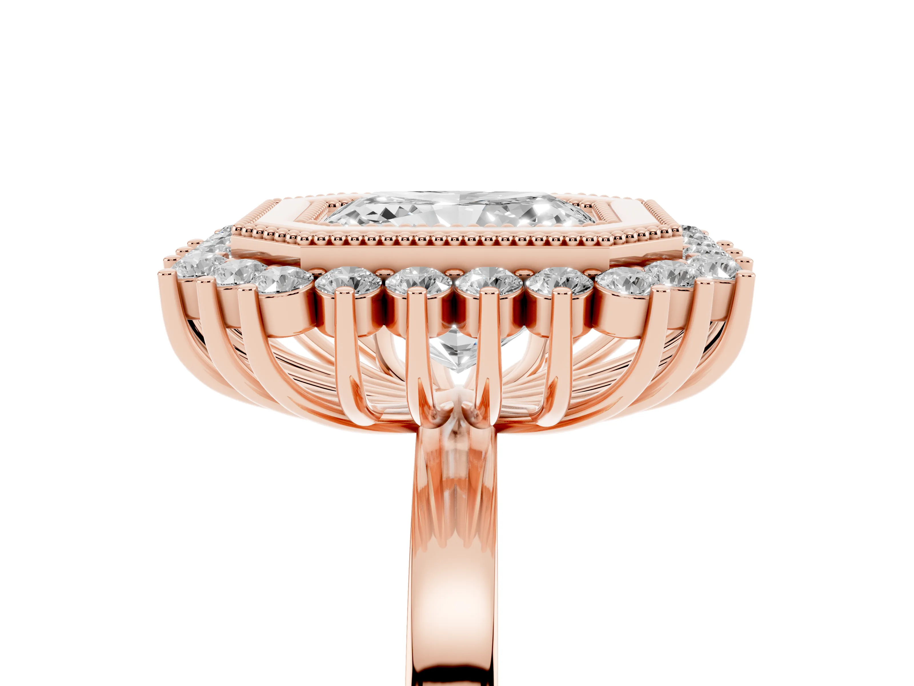 Radiant Cut Diamond Halo Ring Set in Rose gold with Milgrain Edge and Round Prong Setting