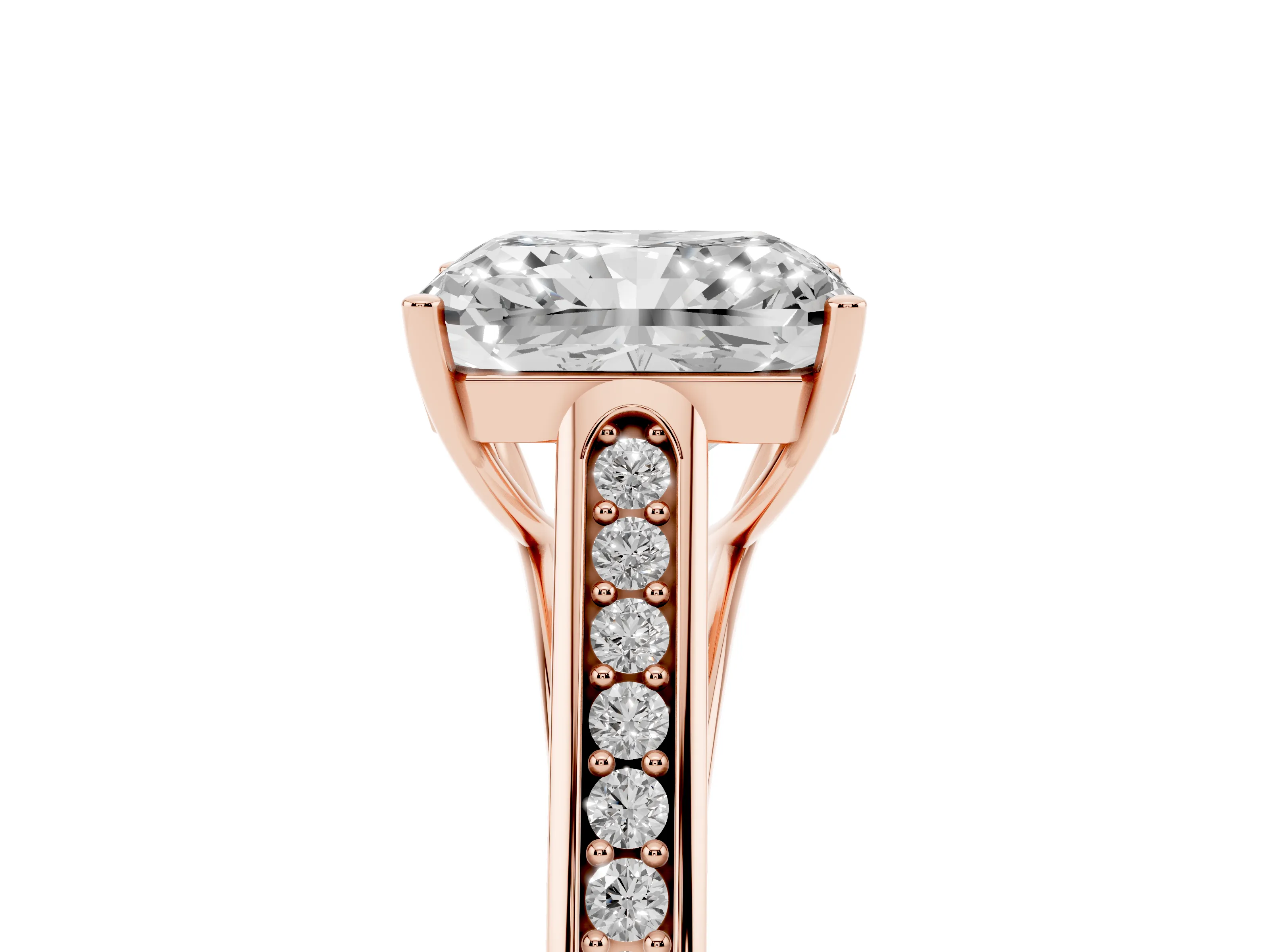 Radiant Cut Diamond Solitaire Cathedral Engagement Ring Set in Rose gold with Channel-Set Band and Prong Setting