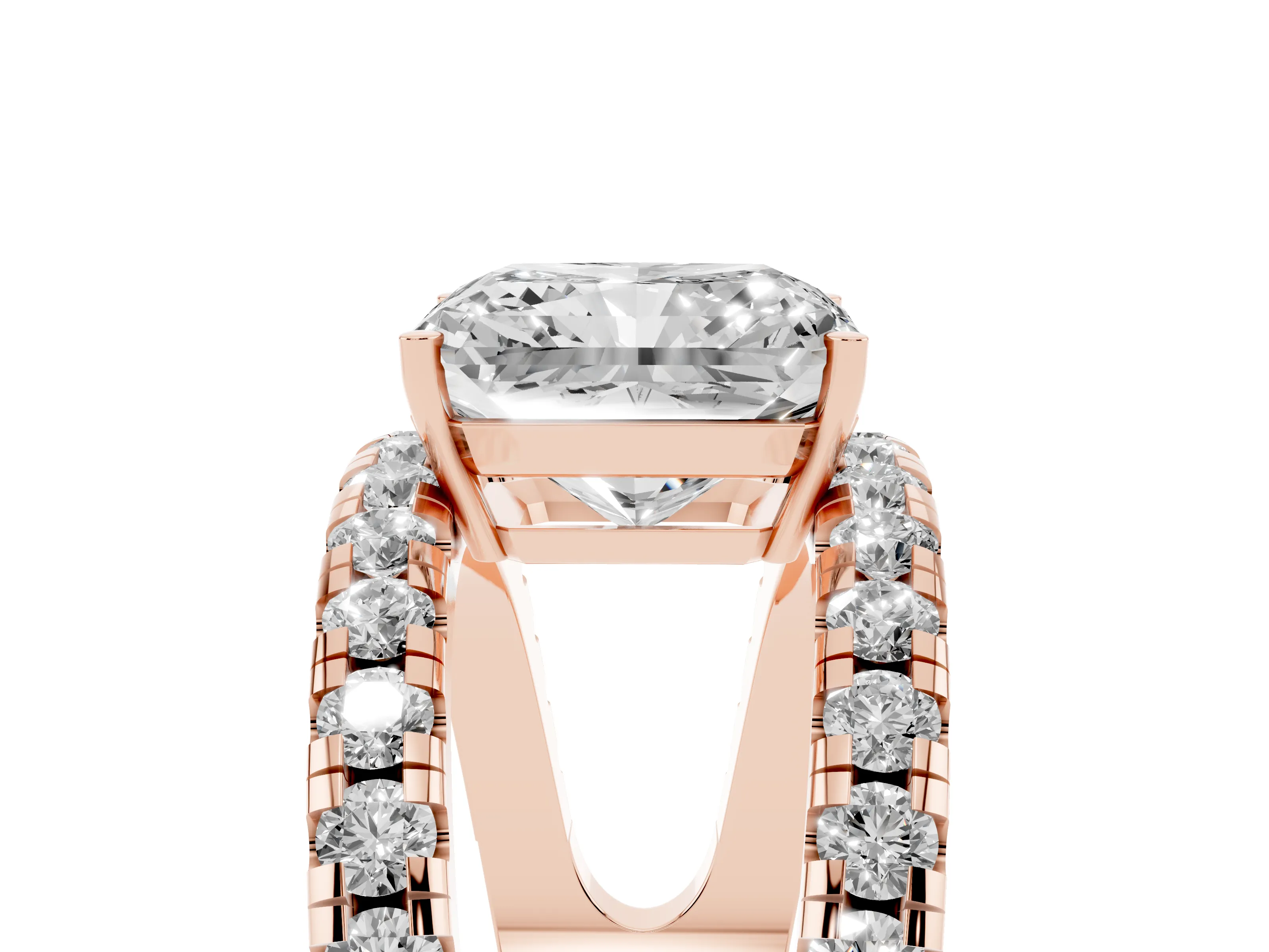 Radiant Cut Diamond Split Shank Pavé Solitaire Ring Set in Rose gold with Open Shank Design